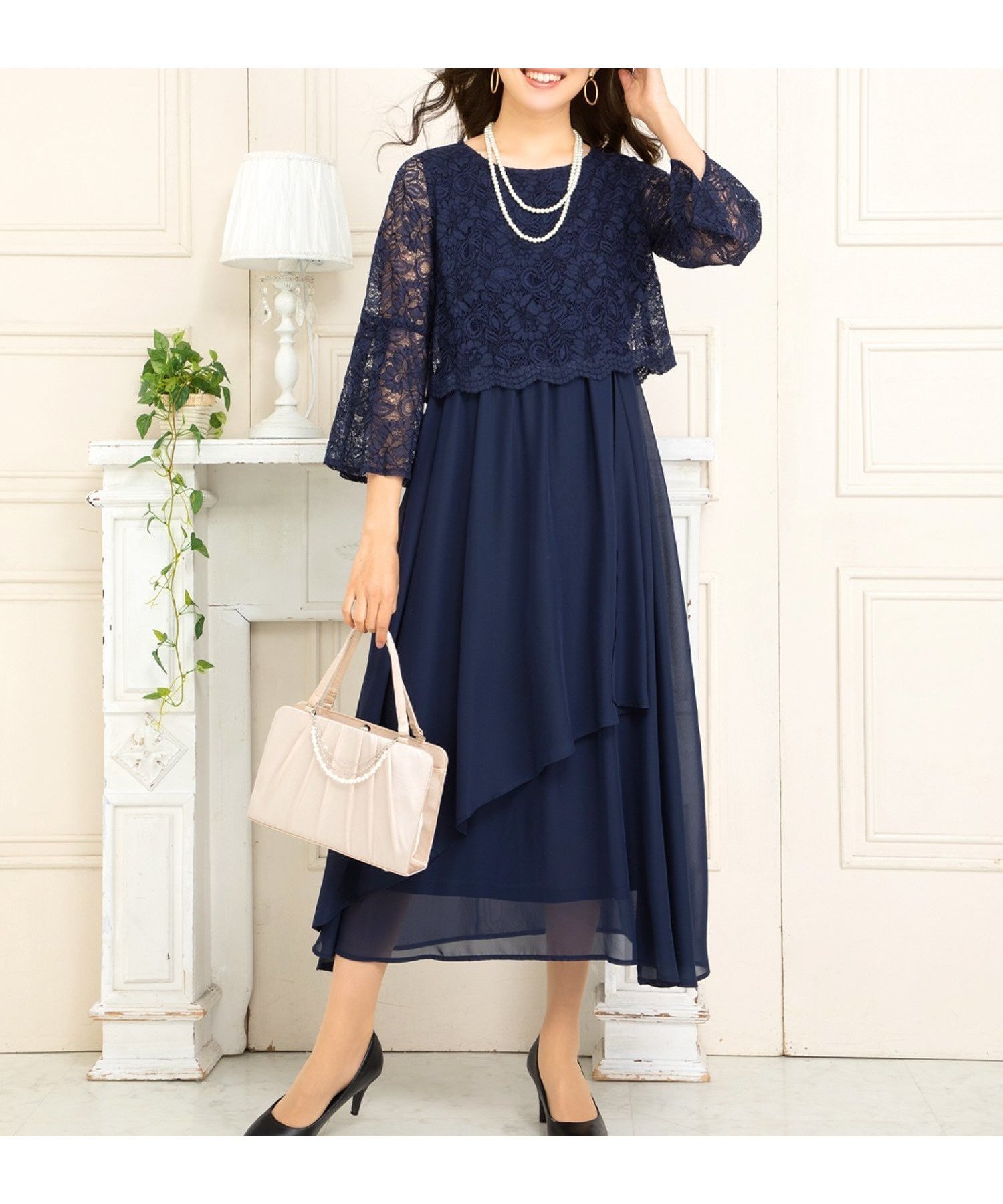 【アッドルージュ/AddRouge】のレース八分袖 ドレス ワンピース ロング丈 結婚式 演奏会 お呼ばれ インテリア・キッズ・メンズ・レディースファッション・服の通販 founy(ファニー) 　ファッション　Fashion　レディースファッション　Fashion for Women　ワンピース　Dresses　フォーマル・パーティードレス・結婚式用ドレス　Elegant & Casual Dresses　エレガント 上品　Elegant　切替　Switching, Contrast Panel　シフォン　Chiffon, Lightweight Fabric　スカラップ　Scallop, Scalloped Edge　ドレス　Dress, One-Piece　定番　Standard, Basic Item　フォーマル　Formal, Dressy　ベーシック　Basic, Essential　ラウンド　Round, Round Neck　レース　Lace, Lace Fabric　ロング　Long, Long-Length　再入荷　Restock / Back in Stock　おすすめ　Recommended / Our Picks　セレモニー　Ceremony　結婚式　Wedding　nal/ネイビー|ID: prp329100004933721 ipo3291000000037031212