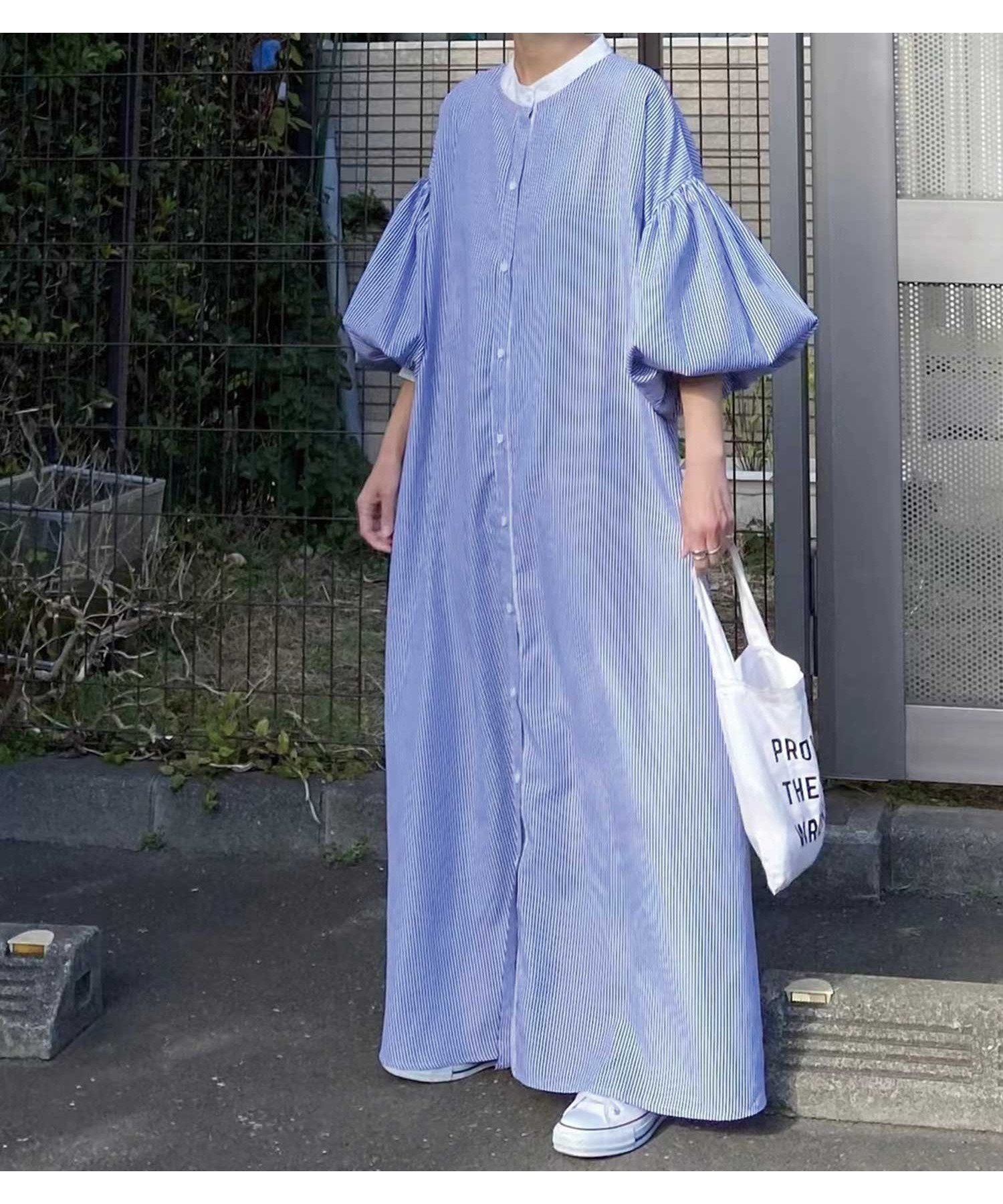 【コーナーズ/CORNERS】のCORNERS by KR ボリュームスリーブストライプシャツワンピース インテリア・キッズ・メンズ・レディースファッション・服の通販 founy(ファニー) 　ファッション　Fashion　レディースファッション　Fashion for Women　ワンピース　Dresses　シャツワンピース / 1枚で着映えコーデ　Shirt Dresses　シャツワンピ　Shirt Dress, Shirt One-Piece　シンプル　Simple, Minimal　ストライプ　Stripe, Striped Pattern　スリーブ　Sleeve, Long Sleeve / Short Sleeve　羽織　Haori, Light Jacket　リラックス　Relax, Relaxed Fit　エレガント 上品　Elegant　ネイビー|ID: prp329100004933730 ipo3291000000037031251