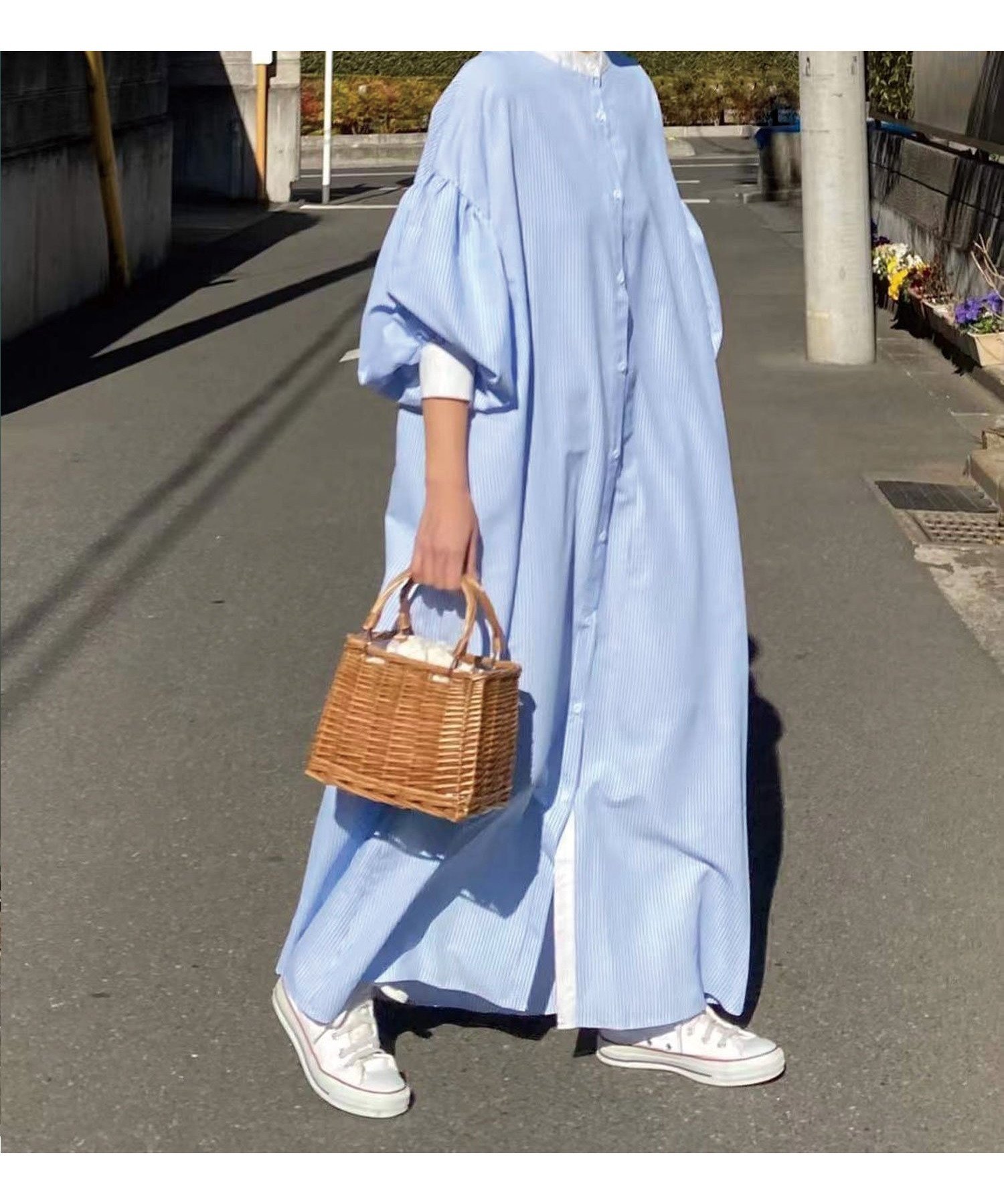 【コーナーズ/CORNERS】のCORNERS by KR ボリュームスリーブストライプシャツワンピース インテリア・キッズ・メンズ・レディースファッション・服の通販 founy(ファニー) 　ファッション　Fashion　レディースファッション　Fashion for Women　ワンピース　Dresses　シャツワンピース / 1枚で着映えコーデ　Shirt Dresses　シャツワンピ　Shirt Dress, Shirt One-Piece　シンプル　Simple, Minimal　ストライプ　Stripe, Striped Pattern　スリーブ　Sleeve, Long Sleeve / Short Sleeve　羽織　Haori, Light Jacket　リラックス　Relax, Relaxed Fit　エレガント 上品　Elegant　サックスブルー|ID: prp329100004933730 ipo3291000000037031252