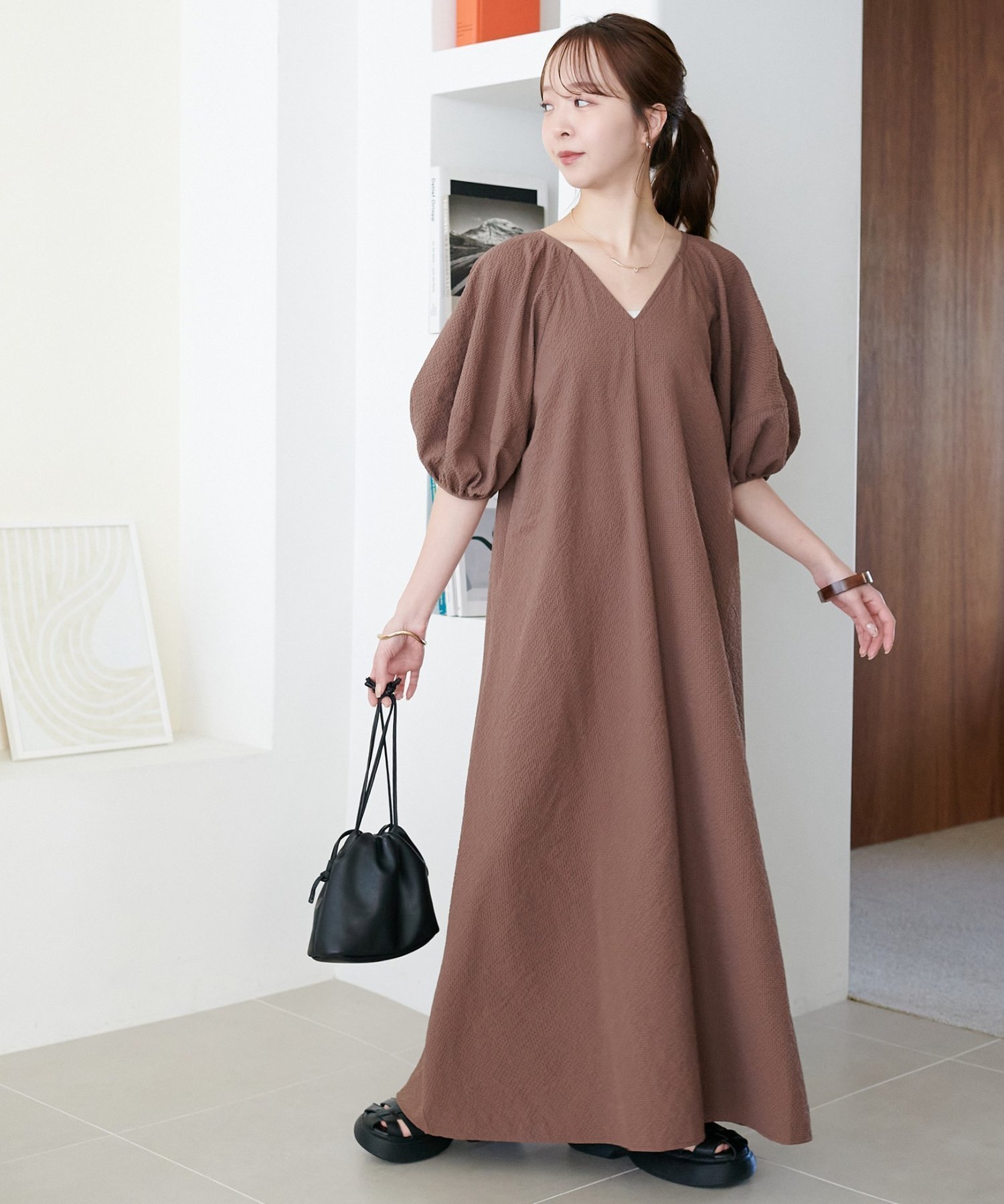 【ディスコート/Discoat】の【WEB限定】バルーンスリーブワンピース インテリア・キッズ・メンズ・レディースファッション・服の通販 founy(ファニー) 　ファッション　Fashion　レディースファッション　Fashion for Women　ワンピース　Dresses　ブラウン|ID: prp329100004933738 ipo3291000000037031292