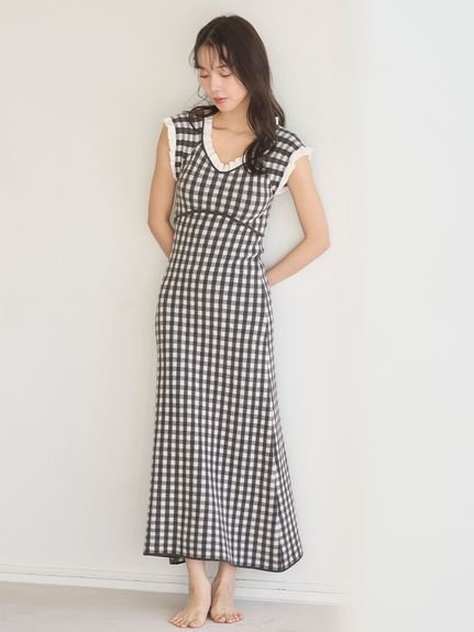 【スナイデル ホーム/SNIDEL HOME】のギンガムフリルニットワンピース インテリア・キッズ・メンズ・レディースファッション・服の通販 founy(ファニー) 　ファッション　Fashion　レディースファッション　Fashion for Women　ワンピース　Dresses　ニットワンピース　Knit Dresses　おすすめ　Recommended / Our Picks　カーディガン　Cardigan, Knitwear　ギンガム　Gingham, Gingham Fabric　コンパクト　Compact, Small Size　スマート　Smart, Elegant　チェック　Check, Plaid, Tartan　フリル　Frill, Ruffle　春　Spring　BLK[009]|ID: prp329100004933739 ipo3291000000037031296