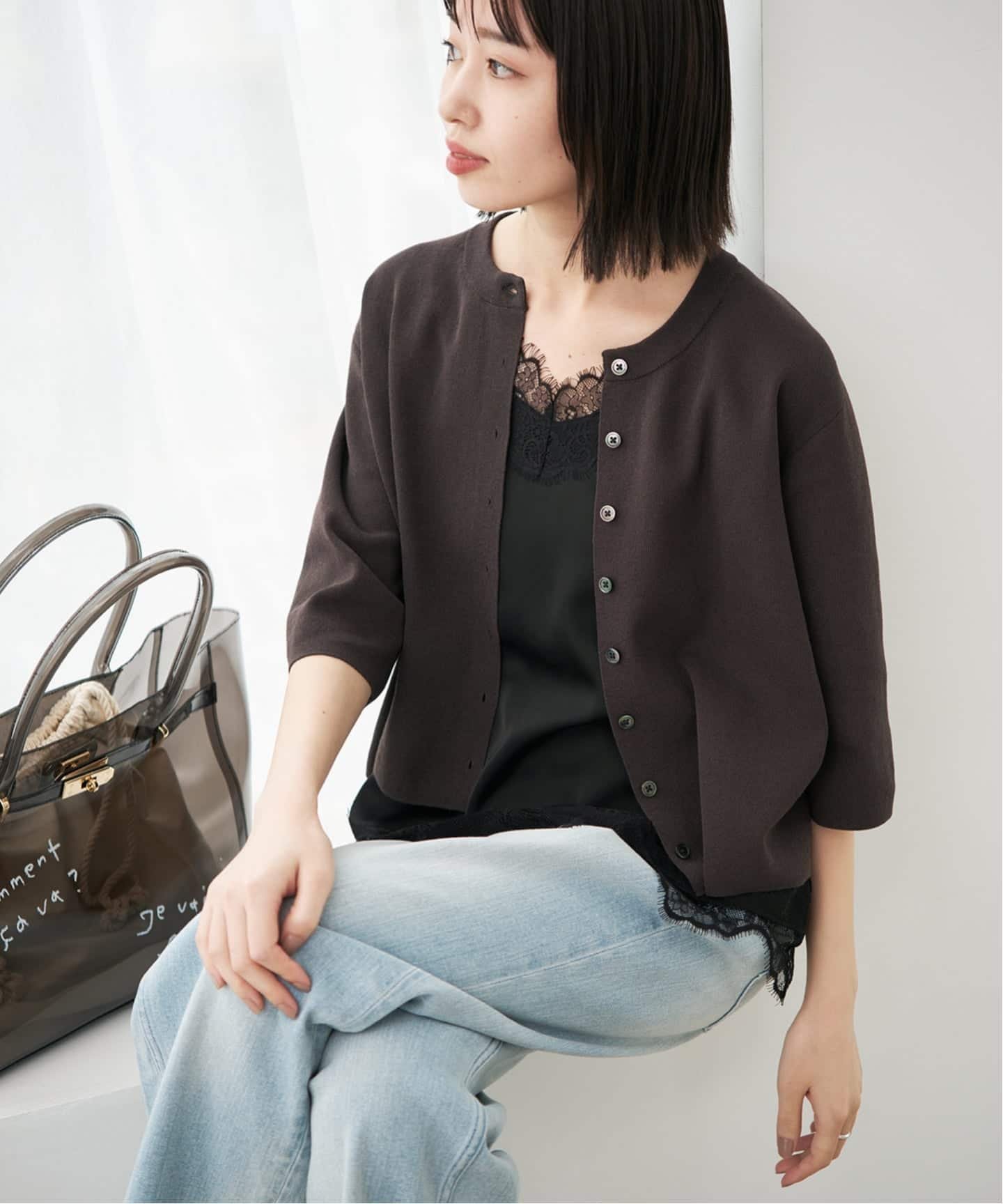 【スローブ イエナ/SLOBE IENA】の《遮熱/UVカット/ 》ハーフスリーブニットカーディガン インテリア・キッズ・メンズ・レディースファッション・服の通販 founy(ファニー) 　ファッション　Fashion　レディースファッション　Fashion for Women　トップス・カットソー　Cut & Sew Tops　ニット　Knit Tops & Sweaters　カーディガン・羽織り　Layered Style Cardigans　2026年　2026　カーディガン　Cardigan, Knitwear　クラシック　Classic, Timeless Style　スラックス　Slacks, Dress Pants　レース　Lace, Lace Fabric　エレガント 上品　Elegant　ビジネス 仕事 通勤　Business / Work / Commuting　夏　Summer　日傘　Parasol, UV Umbrella　春　Spring　グレー|ID: prp329100004933858 ipo3291000000037031786