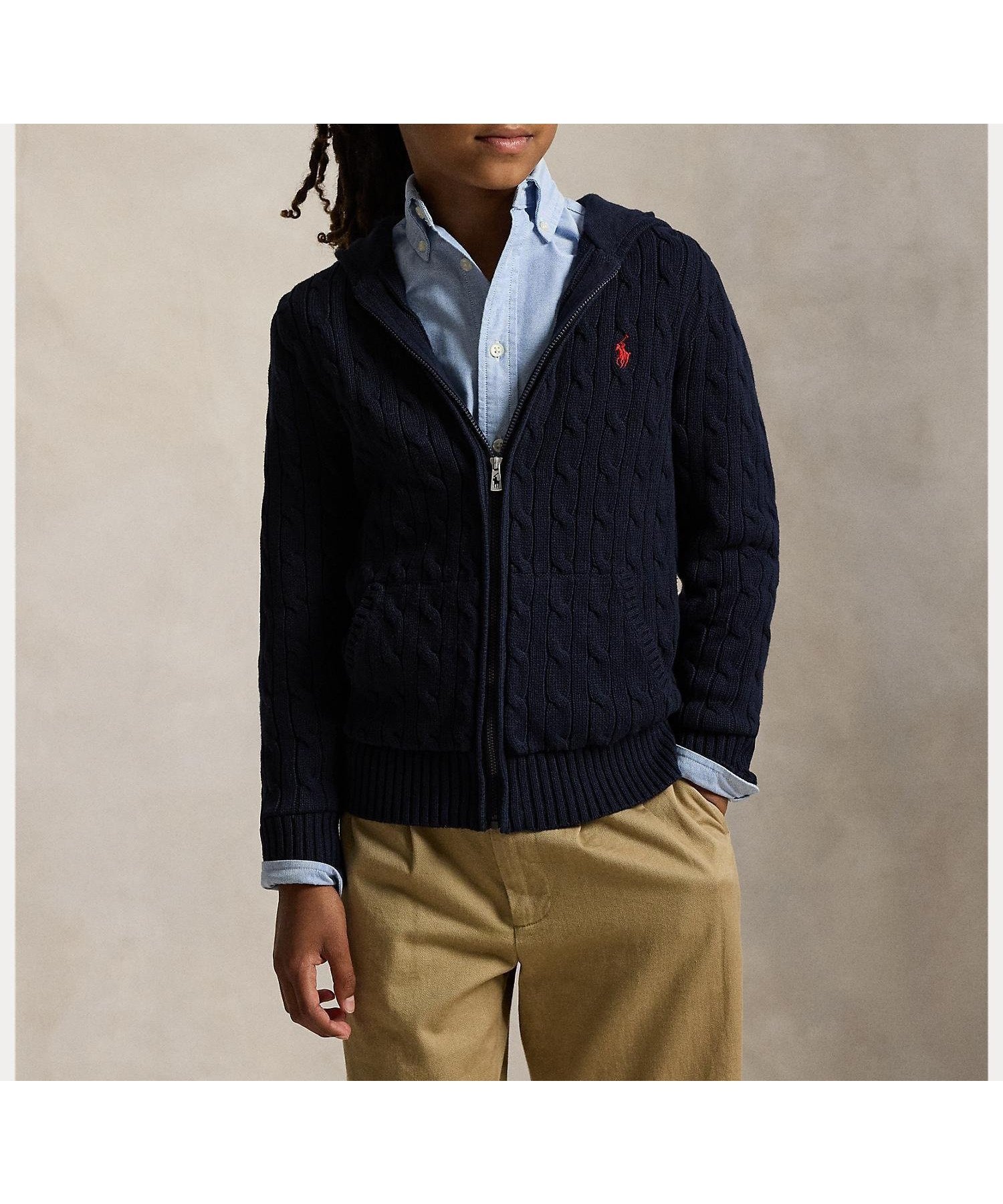 【ラルフローレン/RALPH LAUREN / KIDS】の(ボーイズ 8才~20才)ケーブル コットン フーデッド フルジップ セーター インテリア・キッズ・メンズ・レディースファッション・服の通販 founy(ファニー) 　ファッション　Fashion　キッズファッション　Fashion for Kids　カフス　Cuff Design　セーター　Sweater, Knitwear　ボーイズ　Boyish, Boy Style　ポケット　Pocket, Pocket Detail　モチーフ　Motif, Design Theme　リブニット　Rib Knit, Ribbed Knit　長袖　Long Sleeve, Full Sleeve　410ネイビー|ID: prp329100004936022 ipo3291000000037040871