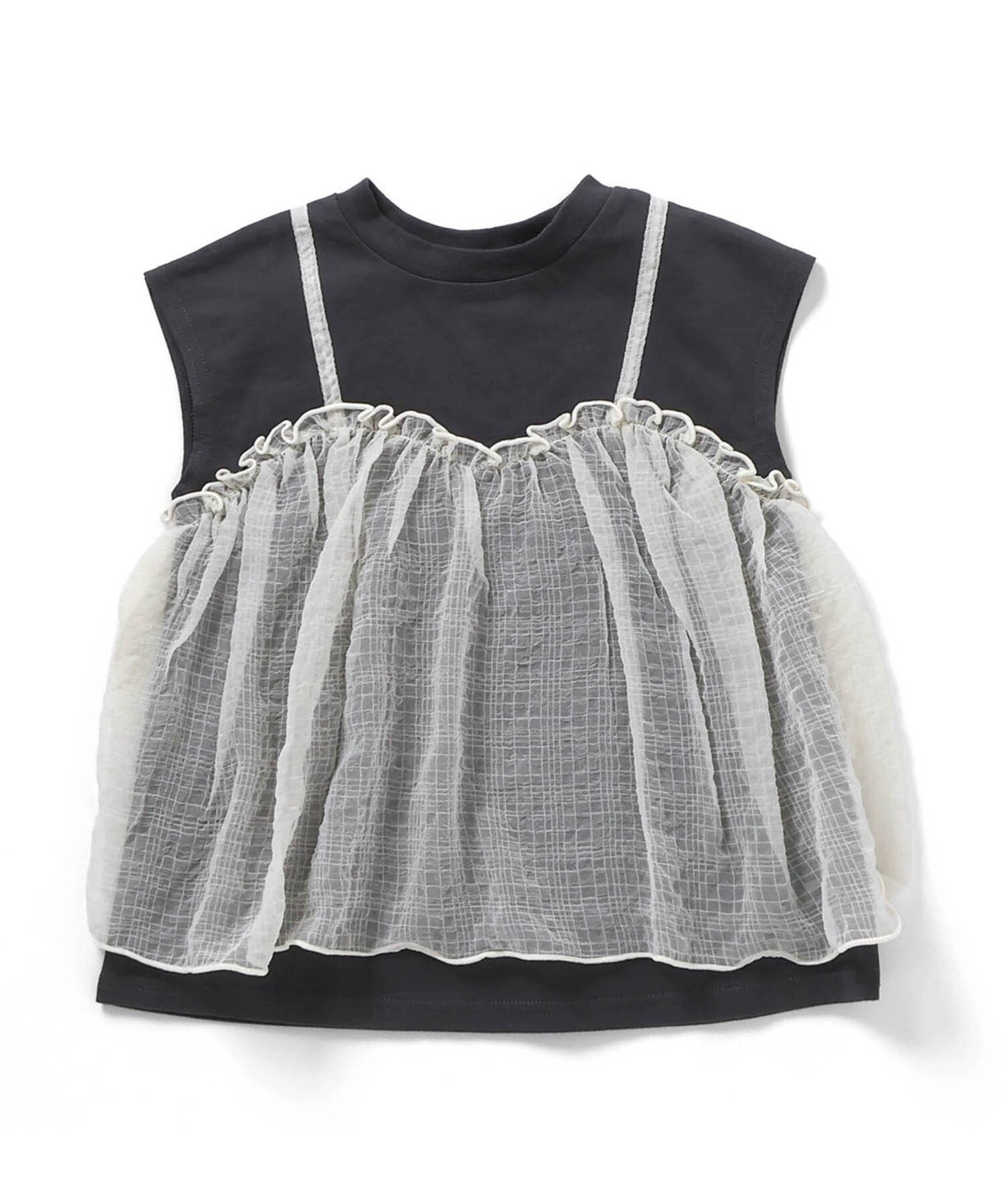 【エフオー オンラインストア/F.O.Online Store / KIDS】の【リンク】チュールフレンチスリーブTシャツ インテリア・キッズ・メンズ・レディースファッション・服の通販 founy(ファニー) 　ファッション　Fashion　キッズファッション　Fashion for Kids　カーゴパンツ　Cargo Pants, Utility Pants　ガーリー　Girly, Feminine Style　ダウン　Down, Puffer　チュール　Tulip, Tulip Motif　デニム　Denim, Jeans Material　ドッキング　Docking, Mixed Material　バランス　Balance, Style Balance　プリント　Print, Printed Pattern　おすすめ　Recommended / Our Picks　夏　Summer　チャコール|ID: prp329100004936030 ipo3291000000037040933