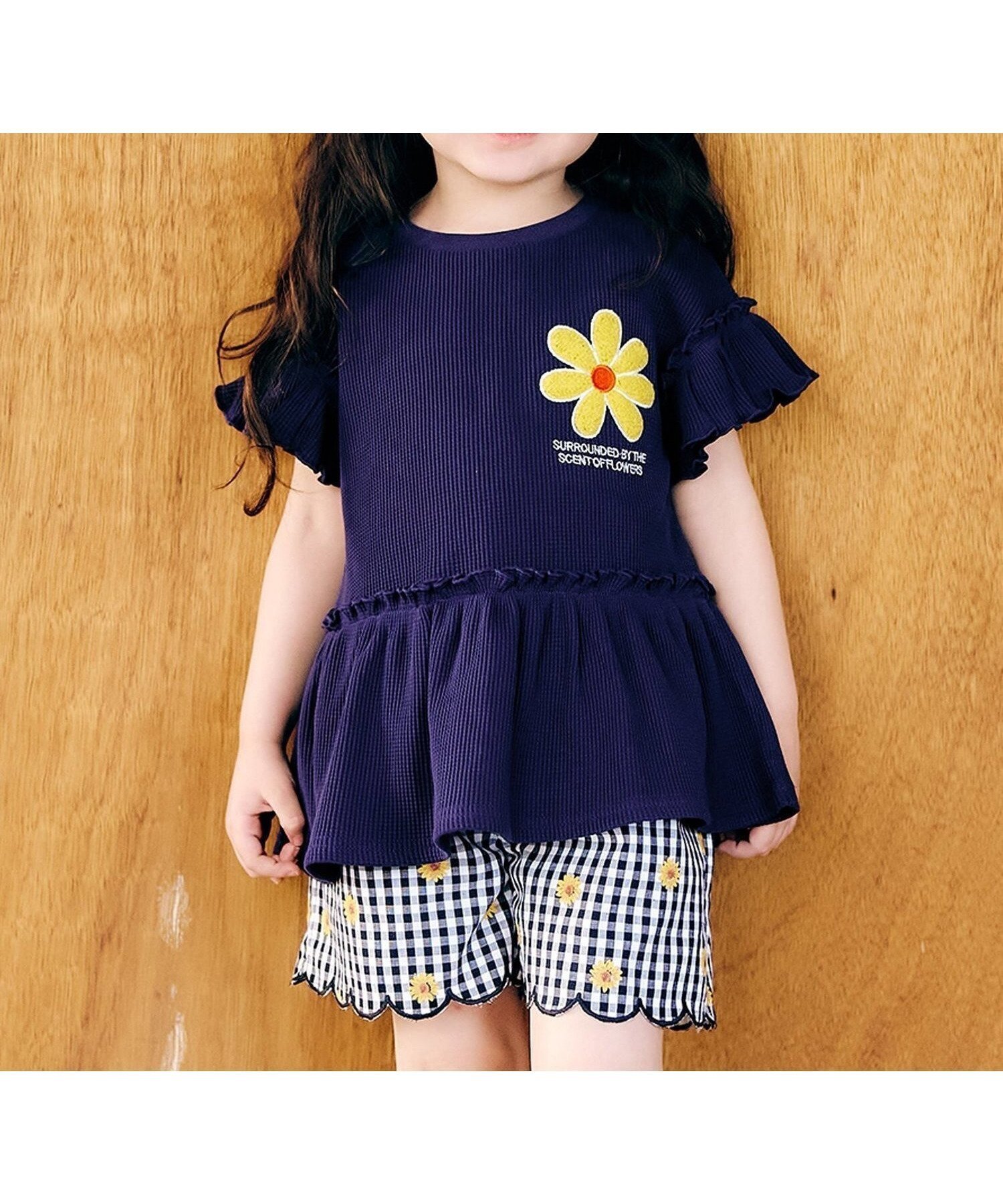 【エフオー オンラインストア/F.O.Online Store / KIDS】のフラワーワッペンペプラムモチーフTシャツ インテリア・キッズ・メンズ・レディースファッション・服の通販 founy(ファニー) 　ファッション　Fashion　キッズファッション　Fashion for Kids　半袖　Short Sleeve, Half Sleeve　ネイビーブルー|ID: prp329100004936074 ipo3291000000037041210