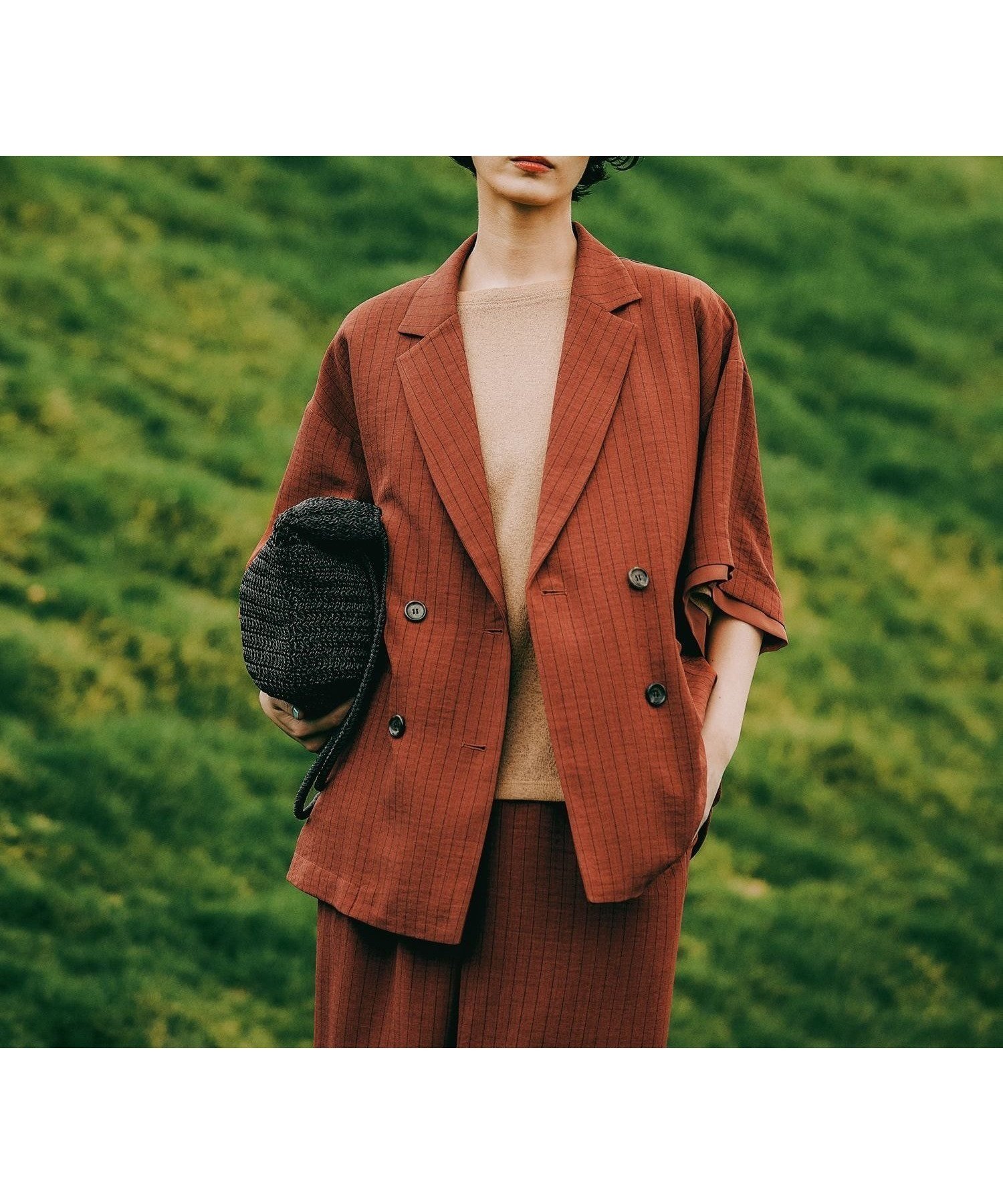 【レプシィム ローリーズファーム/LEPSIM LOWRYS FARM】の《リネンライクドライシリーズ》ルーズ切り替え5分袖Wジャケット インテリア・キッズ・メンズ・レディースファッション・服の通販 founy(ファニー) 　ファッション　Fashion　レディースファッション　Fashion for Women　アウター　Coat / Outerwear Collection　レディースジャケット・軽アウター　Jackets　シフォン　Chiffon, Lightweight Fabric　ジャケット　Jacket, Outerwear　セットアップ　Set-Up, Coordinated Outfit　トレンド　Trend, Trending Now　ラップ　Wrap, Wrap Design　ルーズ　Loose, Oversized　人気　Popular, Best Seller　今季　This Season, Current Season　夏　Summer　テラコッタ×ストライプ40|ID: prp329100004936135 ipo3291000000037041420