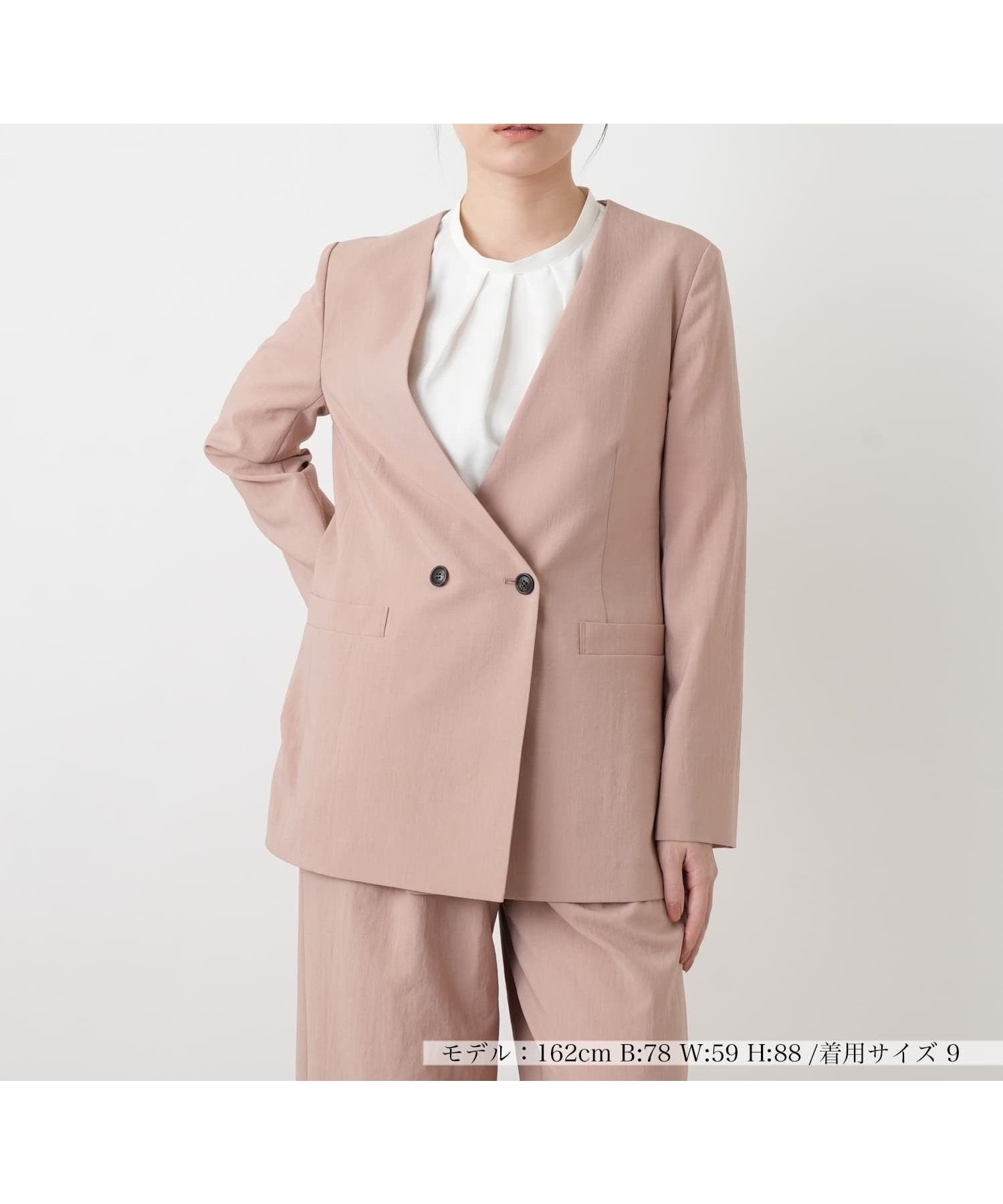 【レリアン/LEILIAN】のVネックノーカラーダブルジャケット インテリア・キッズ・メンズ・レディースファッション・服の通販 founy(ファニー) 　ファッション　Fashion　レディースファッション　Fashion for Women　アウター　Coat / Outerwear Collection　レディースジャケット・軽アウター　Jackets　ウォッシャブル　Machine Washable　セットアップ　Set-Up, Coordinated Outfit　ダブル　Double, Double-Breasted　デニム　Denim, Jeans Material　ポケット　Pocket, Pocket Detail　夏　Summer　ピンク系|ID: prp329100004936152 ipo3291000000037041502