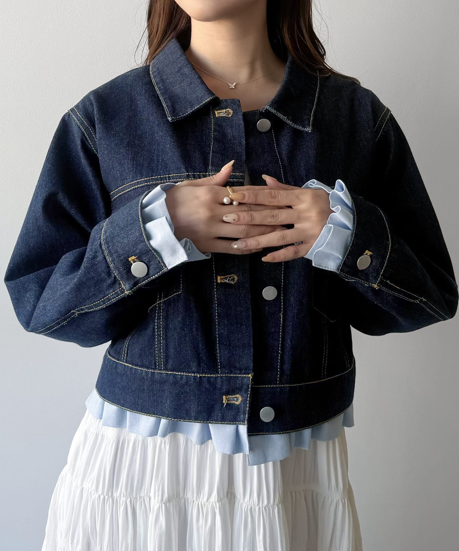 【ジュノア/JUNOAH】のmipiarl ヘムフリルデニムジャケット インテリア・キッズ・メンズ・レディースファッション・服の通販 founy(ファニー) 　ファッション　Fashion　レディースファッション　Fashion for Women　アウター　Coat / Outerwear Collection　レディースジャケット・軽アウター　Jackets　デニムジャケット / カジュアルアウター　Denim Jackets　ネイビー|ID: prp329100004936365 ipo3291000000037042459