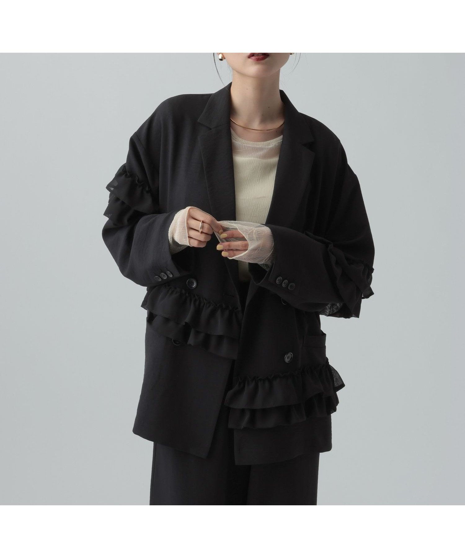 【レプシィム ローリーズファーム/LEPSIM LOWRYS FARM】の《リネンライクドライシリーズ》フリルW長袖ジャケット インテリア・キッズ・メンズ・レディースファッション・服の通販 founy(ファニー) 　ファッション　Fashion　レディースファッション　Fashion for Women　アウター　Coat / Outerwear Collection　レディースジャケット・軽アウター　Jackets　おすすめ　Recommended / Our Picks　シフォン　Chiffon, Lightweight Fabric　ジャケット　Jacket, Outerwear　セットアップ　Set-Up, Coordinated Outfit　チュール　Tulip, Tulip Motif　トレンド　Trend, Trending Now　フェミニン　Feminine, Girly　フリル　Frill, Ruffle　ラップ　Wrap, Wrap Design　エレガント 上品　Elegant　人気　Popular, Best Seller　今季　This Season, Current Season　長袖　Long Sleeve, Full Sleeve　ブラック09|ID: prp329100004936375 ipo3291000000037042491