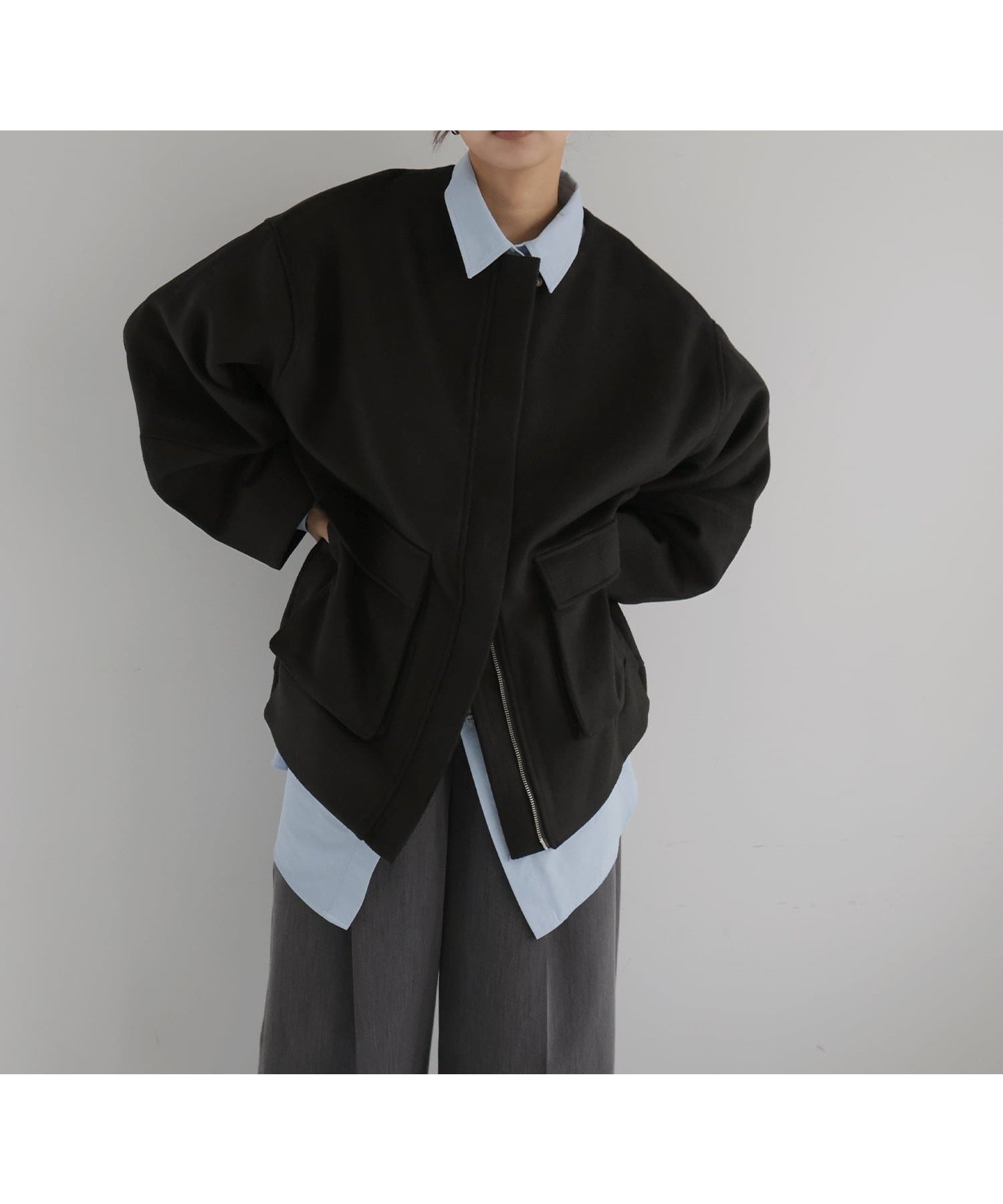 【ヘラム/hellam】のノーカラーブルゾン インテリア・キッズ・メンズ・レディースファッション・服の通販 founy(ファニー) 　ファッション　Fashion　レディースファッション　Fashion for Women　アウター　Coat / Outerwear Collection　ブルゾンジャケット・スポーティアウター　Blouson Jackets　ブルゾン　Blouson, Bomber Jacket　ミドル　Middle Length, Mid Height　ブラック|ID: prp329100004936397 ipo3291000000037042584