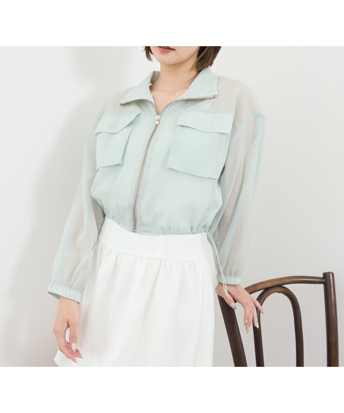 【レディアゼル/REDYAZEL】のフロントポケットシアージャケット インテリア・キッズ・メンズ・レディースファッション・服の通販 founy(ファニー) 　ファッション　Fashion　レディースファッション　Fashion for Women　アウター　Coat / Outerwear Collection　レディースジャケット・軽アウター　Jackets　シアー　Sheer, See-Through　ショート　Short, Short Length　ジップアップ　Zip-Up, Full Zip　スタンド　Stand Collar, Upright Stand　デニム　Denim, Jeans Material　ドローコード　Drawcord, Drawstring Cord　フレア　Flare, Flared　フロント　Front, Front Design　ブルゾン　Blouson, Bomber Jacket　ポケット　Pocket, Pocket Detail　夏　Summer　ミント|ID: prp329100004936612 ipo3291000000037043810