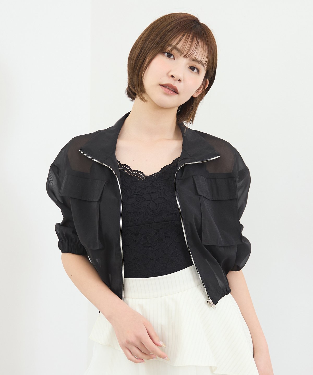 【レディアゼル/REDYAZEL】のフロントポケットシアージャケット インテリア・キッズ・メンズ・レディースファッション・服の通販 founy(ファニー) 　ファッション　Fashion　レディースファッション　Fashion for Women　アウター　Coat / Outerwear Collection　レディースジャケット・軽アウター　Jackets　シアー　Sheer, See-Through　ショート　Short, Short Length　ジップアップ　Zip-Up, Full Zip　スタンド　Stand Collar, Upright Stand　デニム　Denim, Jeans Material　ドローコード　Drawcord, Drawstring Cord　フレア　Flare, Flared　フロント　Front, Front Design　ブルゾン　Blouson, Bomber Jacket　ポケット　Pocket, Pocket Detail　夏　Summer　ブラック|ID: prp329100004936612 ipo3291000000037043812