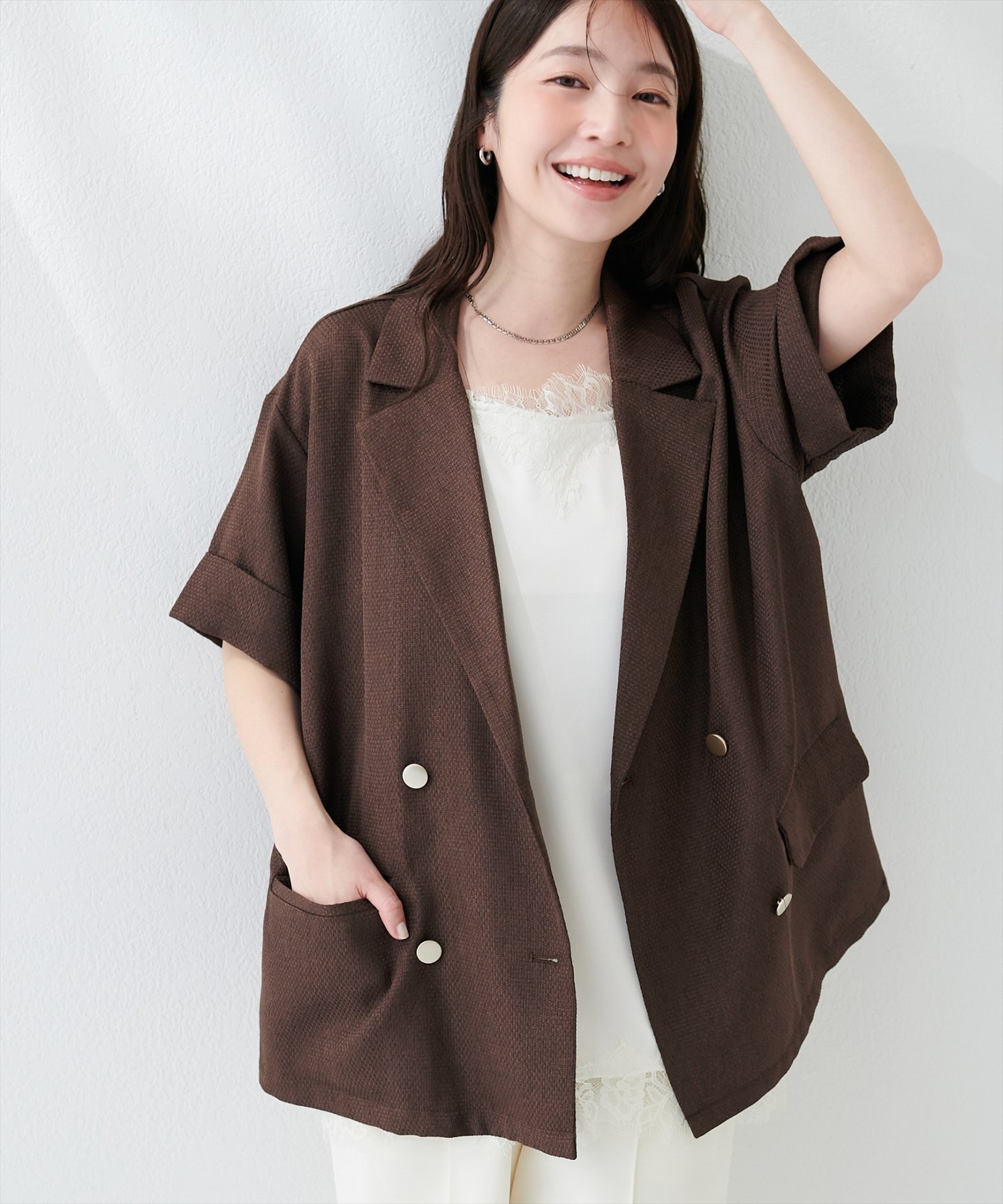 【ナチュラルクチュール/natural couture】の半袖サマーツイードテーラードジャケット インテリア・キッズ・メンズ・レディースファッション・服の通販 founy(ファニー) 　ファッション　Fashion　レディースファッション　Fashion for Women　アウター　Coat / Outerwear Collection　レディースジャケット・軽アウター　Jackets　テーラードジャケット / 通勤・きれいめスタイル　Tailored Jackets & Blazers　カットソー　Cut and Sewn Top　ダブル　Double, Double-Breasted　デニム　Denim, Jeans Material　トレンド　Trend, Trending Now　フェミニン　Feminine, Girly　半袖　Short Sleeve, Half Sleeve　リラックス　Relax, Relaxed Fit　レース　Lace, Lace Fabric　再入荷　Restock / Back in Stock　おすすめ　Recommended / Our Picks　エレガント 上品　Elegant　2026年　2026　ブラウン|ID: prp329100004936686 ipo3291000000037044241