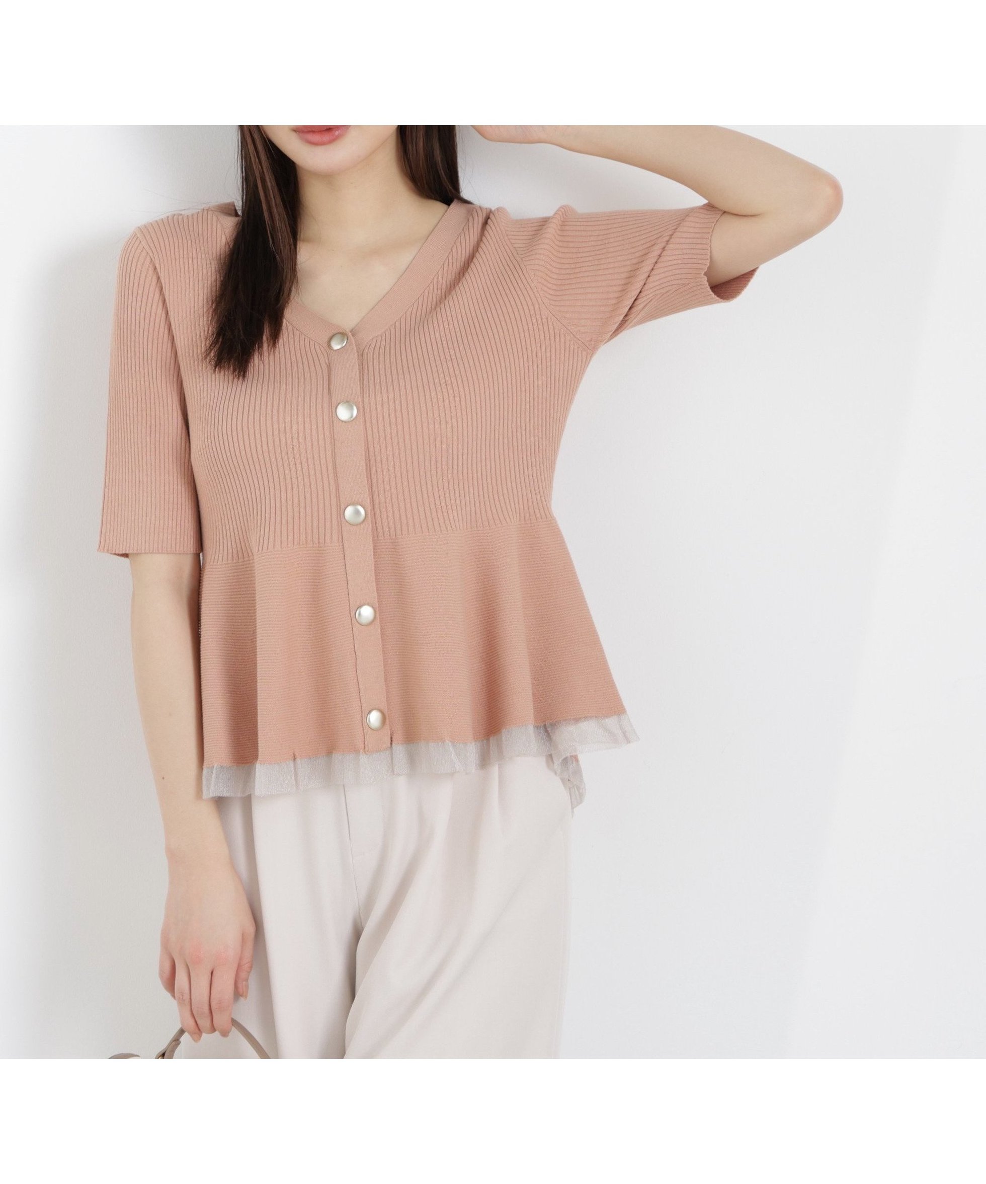 【プロポーション ボディドレッシング/PROPORTION BODY DRESSING】の部分シアーペプラムニット 26SS インテリア・キッズ・メンズ・レディースファッション・服の通販 founy(ファニー) 　ファッション　Fashion　レディースファッション　Fashion for Women　トップス・カットソー　Cut & Sew Tops　ニット　Knit Tops & Sweaters　シアー　Sheer, See-Through　フィット　Fit, Slim Fit　フロント　Front, Front Design　ペプラム　Peplum, Flared Hem　半袖　Short Sleeve, Half Sleeve　おすすめ　Recommended / Our Picks　2026年　2026　ピンク|ID: prp329100004936718 ipo3291000000037044495