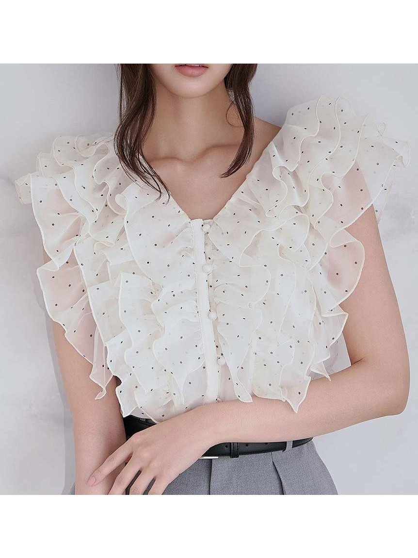 【スナイデル/SNIDEL】の【WEB限定カラーあり】ノースリフリルブラウス インテリア・キッズ・メンズ・レディースファッション・服の通販 founy(ファニー) 　ファッション　Fashion　レディースファッション　Fashion for Women　トップス・カットソー　Cut & Sew Tops　シャツ・ブラウス・オフィスカジュアル　Elegant Blouses & Button-Ups　インナー　Innerwear　ウェーブ　Wavy Pattern　今季　This Season, Current Season　シアー　Sheer, See-Through　ストレート　Straight, Straight Cut　スマート　Smart, Elegant　トレンド　Trend, Trending Now　ドット　Polka Dot, Dot Pattern　人気　Popular, Best Seller　フィット　Fit, Slim Fit　フリル　Frill, Ruffle　ミックス　Mix, Mixed Style　無地　Plain, Solid Color　ラベンダー　Lavender　リボン　Ribbon, Bow　ロマンティック　Romantic, Feminine Style　おすすめ　Recommended / Our Picks　DOT[934]|ID: prp329100004936801 ipo3291000000037045136