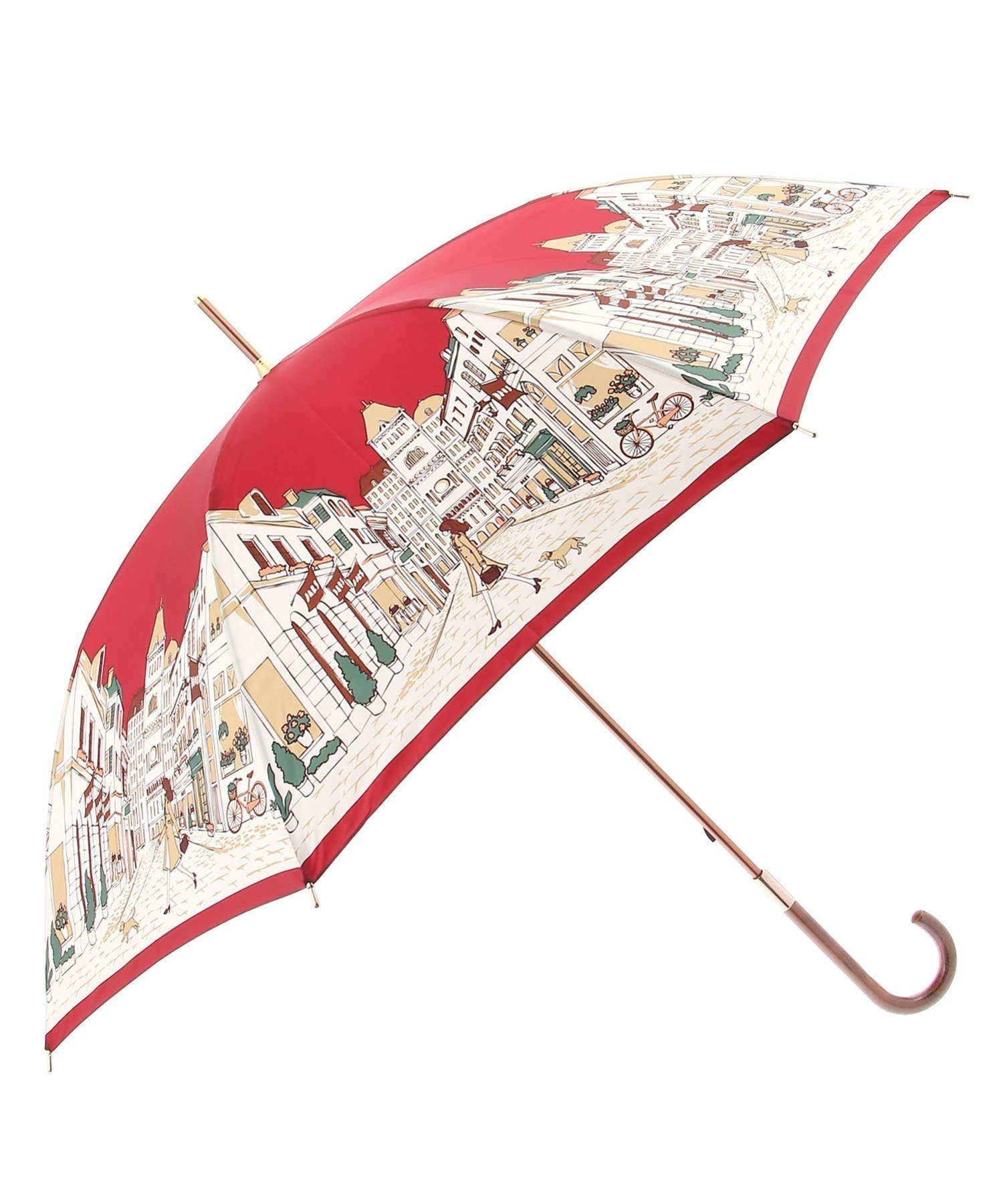 【ムーンバット/MOONBAT】のDAKS(ダックス) レディース 雨傘 長傘 サテン プリント 街並み柄 インテリア・キッズ・メンズ・レディースファッション・服の通販 founy(ファニー) 　ファッション　Fashion　レディースファッション　Fashion for Women　レイングッズ・傘・晴雨兼用傘　Umbrellas & Rain Gear　イラスト　Illustration　サテン　Satin, Glossy Fabric　プリント　Print, Printed Pattern　傘　Umbrella, Parasol　レッド|ID: prp329100004938545 ipo3291000000037058398