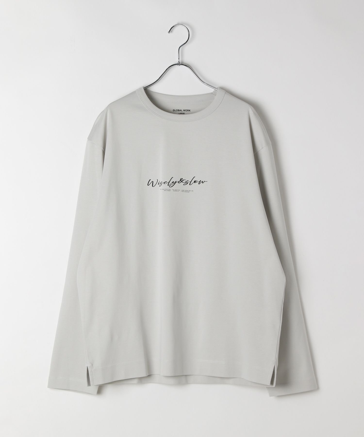 【グローバルワーク/GLOBAL WORK】のリッチクリーンTEE/プリント/長袖/147181 インテリア・キッズ・メンズ・レディースファッション・服の通販 founy(ファニー) 　ファッション　Fashion　レディースファッション　Fashion for Women　トップス・カットソー　Cut & Sew Tops　おすすめ　Recommended / Our Picks　インナー　Innerwear　グラフィック　Graphic, Graphic Design　シルク　Silk, 100% Silk　ジャケット　Jacket, Outerwear　スリット　Slit, Slit Detail　プリント　Print, Printed Pattern　リラックス　Relax, Relaxed Fit　長袖　Long Sleeve, Full Sleeve　グレージュ*筆記ロゴ14|ID: prp329100004939483 ipo3291000000037065811
