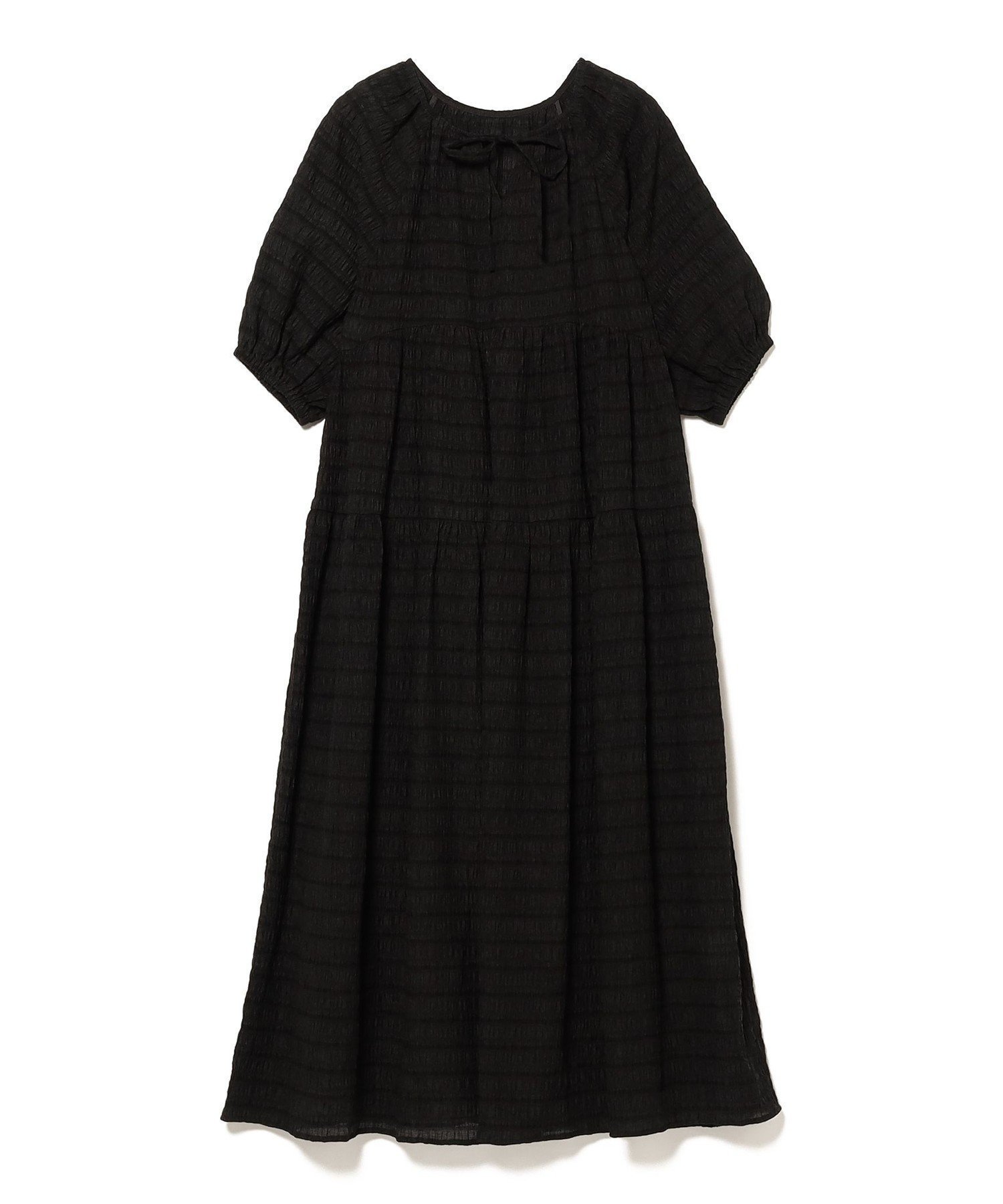 【ビームス ハート/BEAMS HEART】のワッシャー ティアードワンピース 26SS ウォッシャブル インテリア・キッズ・メンズ・レディースファッション・服の通販 founy(ファニー) 　ファッション　Fashion　レディースファッション　Fashion for Women　ワンピース　Dresses　2026年　2026　おすすめ　Recommended / Our Picks　ウォッシャブル　Machine Washable　カッティング　Cutting Detail　シューズ　Shoes, Footwear　ティアードワンピース　Tiered Dress, Flared Dress　デコルテ　Décolleté, Neckline　バランス　Balance, Style Balance　フロント　Front, Front Design　リボン　Ribbon, Bow　ワッシャー　Washer, Crinkled Finish　エレガント 上品　Elegant　BLACK|ID: prp329100004942077 ipo3291000000037091338