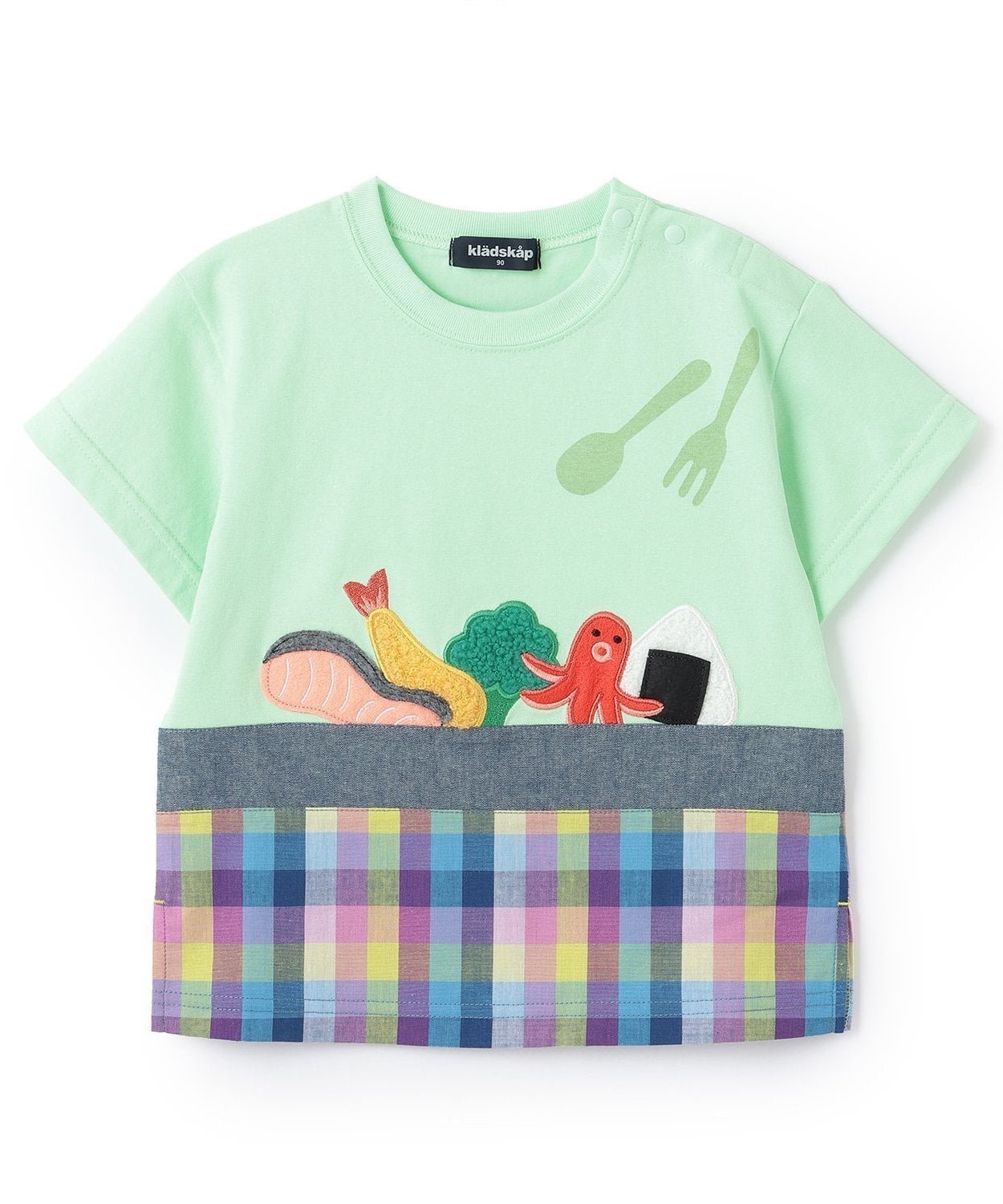 【ナルミヤ オンライン/NARUMIYA ONELINE / KIDS】のお弁当半袖Tシャツ インテリア・キッズ・メンズ・レディースファッション・服の通販 founy(ファニー) 　ファッション　Fashion　キッズファッション　Fashion for Kids　ダンガリー　Dungaree, Chambray　チェック　Check, Plaid, Tartan　ブロック　Block, Solid Block Pattern　モチーフ　Motif, Design Theme　半袖　Short Sleeve, Half Sleeve　ライト グリーン|ID: prp329100004942777 ipo3291000000037099179