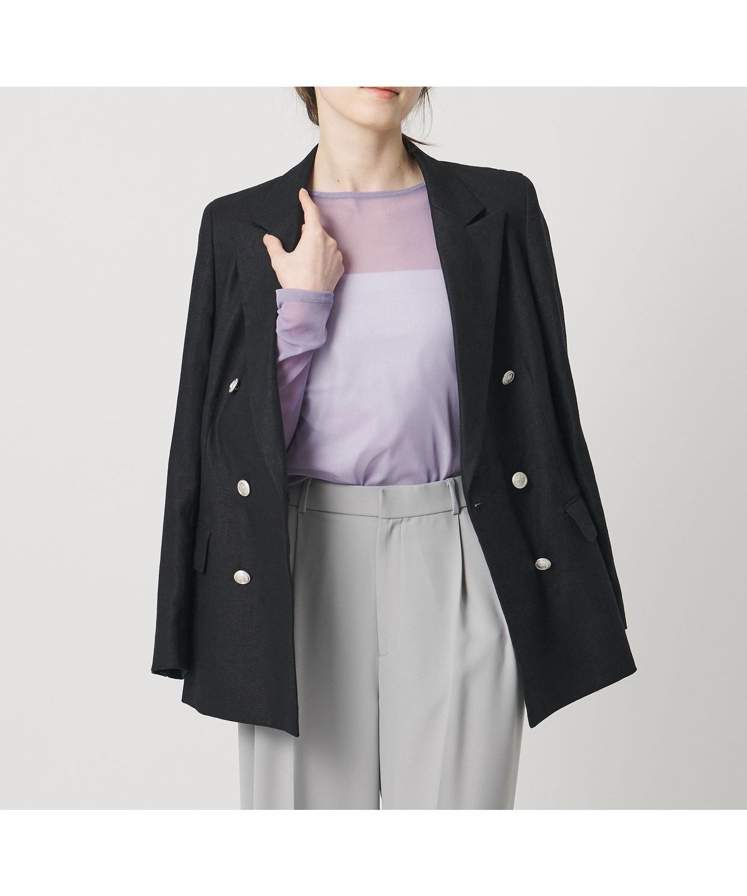 【ユナイテッドアローズ/UNITED ARROWS】の6ボタン リネン ブレザー ジャケット インテリア・キッズ・メンズ・レディースファッション・服の通販 founy(ファニー) 　ファッション　Fashion　レディースファッション　Fashion for Women　アウター　Coat / Outerwear Collection　レディースジャケット・軽アウター　Jackets　クラシック　Classic, Timeless Style　シルバー　Silver, Metallic Silver　ジャケット　Jacket, Outerwear　ダブル　Double, Double-Breasted　チェック　Check, Plaid, Tartan　トレンド　Trend, Trending Now　フレア　Flare, Flared　フロント　Front, Front Design　メタル　Metal, Metal Parts　リネン　Linen, Linen Fabric　NAVY|ID: prp329100004942801 ipo3291000000037099356