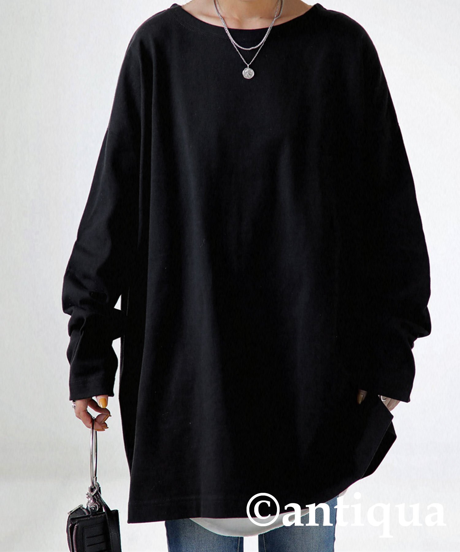 【アンティカ/antiqua】のantiqua アンティカ バスク ロンT レディース 無地 長袖 綿100 ZA-00114 インテリア・キッズ・メンズ・レディースファッション・服の通販 founy(ファニー) 　ファッション　Fashion　レディースファッション　Fashion for Women　トップス・カットソー　Cut & Sew Tops　ロングTシャツ・Tシャツ　Longline T-Shirts & Tees　カットソー　Cut and Sewn Top　シンプル　Simple, Minimal　スリット　Slit, Slit Detail　長袖　Long Sleeve, Full Sleeve　バスク　Basque, Basque Style　ビッグ　Big, Oversized　メンズ　Men's, Menswear　無地　Plain, Solid Color　05 ブラック|ID: prp329100004942830 ipo3291000000037099560