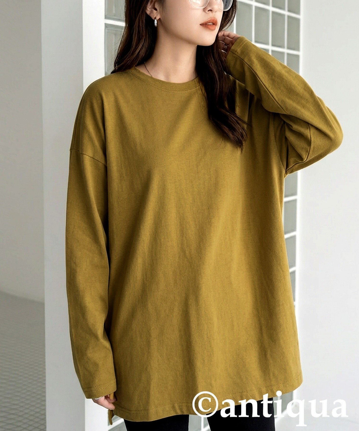 【アンティカ/antiqua】のantiqua アンティカ バスク ロンT レディース 無地 長袖 綿100 ZA-00114 インテリア・キッズ・メンズ・レディースファッション・服の通販 founy(ファニー) 　ファッション　Fashion　レディースファッション　Fashion for Women　トップス・カットソー　Cut & Sew Tops　ロングTシャツ・Tシャツ　Longline T-Shirts & Tees　カットソー　Cut and Sewn Top　シンプル　Simple, Minimal　スリット　Slit, Slit Detail　長袖　Long Sleeve, Full Sleeve　バスク　Basque, Basque Style　ビッグ　Big, Oversized　メンズ　Men's, Menswear　無地　Plain, Solid Color　48 モス|ID: prp329100004942830 ipo3291000000037099567