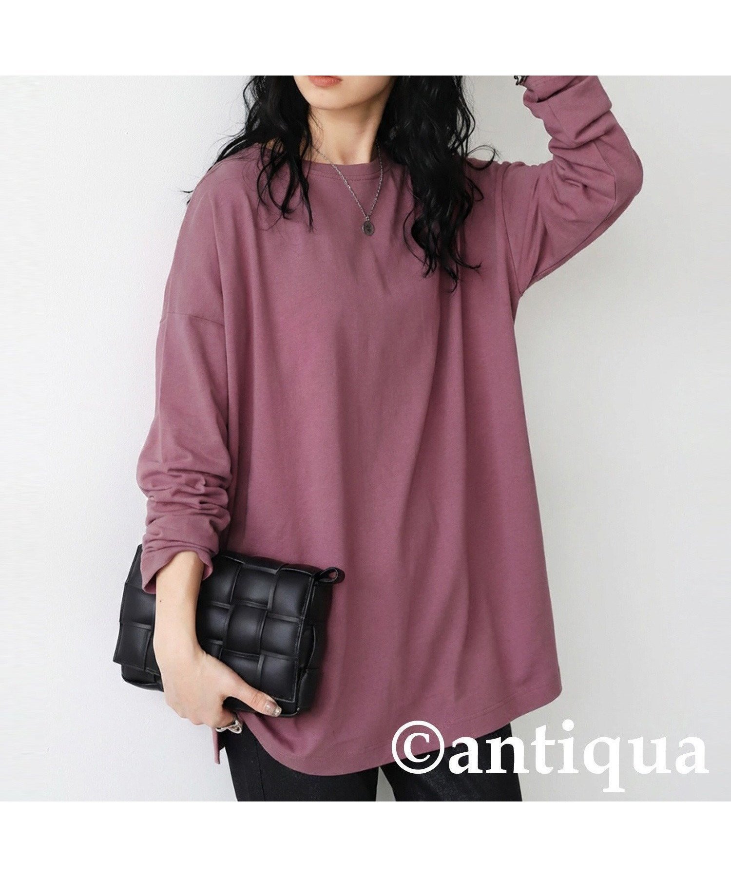 【アンティカ/antiqua】のantiqua アンティカ バスク ロンT レディース 無地 長袖 綿100 ZA-00114 インテリア・キッズ・メンズ・レディースファッション・服の通販 founy(ファニー) 　ファッション　Fashion　レディースファッション　Fashion for Women　トップス・カットソー　Cut & Sew Tops　ロングTシャツ・Tシャツ　Longline T-Shirts & Tees　カットソー　Cut and Sewn Top　シンプル　Simple, Minimal　スリット　Slit, Slit Detail　長袖　Long Sleeve, Full Sleeve　バスク　Basque, Basque Style　ビッグ　Big, Oversized　メンズ　Men's, Menswear　無地　Plain, Solid Color　57 ダスティーピンク|ID: prp329100004942830 ipo3291000000037099568