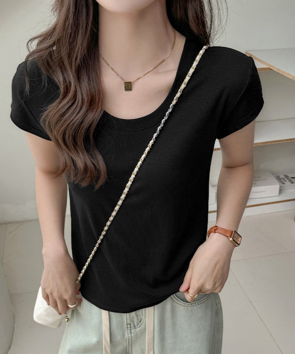 【ミニミニストア/miniministore】のUネックTシャツ レディース 半袖 夏服 インテリア・キッズ・メンズ・レディースファッション・服の通販 founy(ファニー) 　ファッション　Fashion　レディースファッション　Fashion for Women　トップス・カットソー　Cut & Sew Tops　シャツ・ブラウス・オフィスカジュアル　Elegant Blouses & Button-Ups　ロングTシャツ・Tシャツ　Longline T-Shirts & Tees　シンプル　Simple, Minimal　スラックス　Slacks, Dress Pants　デコルテ　Décolleté, Neckline　デニム　Denim, Jeans Material　フィット　Fit, Slim Fit　半袖　Short Sleeve, Half Sleeve　無地　Plain, Solid Color　夏　Summer　エレガント 上品　Elegant　ブラック|ID: prp329100004942849 ipo3291000000037099683