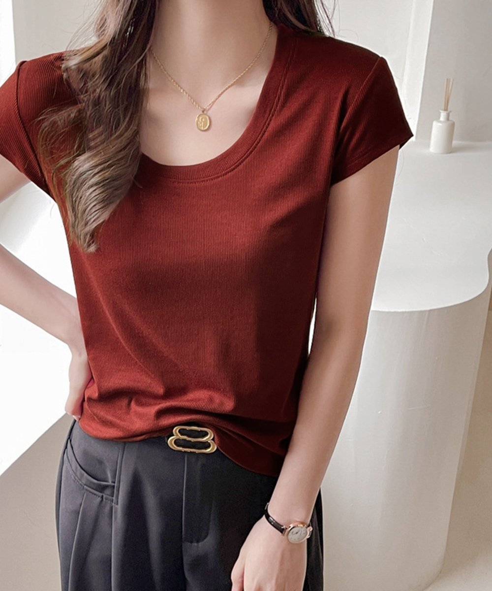 【ミニミニストア/miniministore】のUネックTシャツ レディース 半袖 夏服 インテリア・キッズ・メンズ・レディースファッション・服の通販 founy(ファニー) 　ファッション　Fashion　レディースファッション　Fashion for Women　トップス・カットソー　Cut & Sew Tops　シャツ・ブラウス・オフィスカジュアル　Elegant Blouses & Button-Ups　ロングTシャツ・Tシャツ　Longline T-Shirts & Tees　シンプル　Simple, Minimal　スラックス　Slacks, Dress Pants　デコルテ　Décolleté, Neckline　デニム　Denim, Jeans Material　フィット　Fit, Slim Fit　半袖　Short Sleeve, Half Sleeve　無地　Plain, Solid Color　夏　Summer　エレガント 上品　Elegant　ワインレッド|ID: prp329100004942849 ipo3291000000037099685