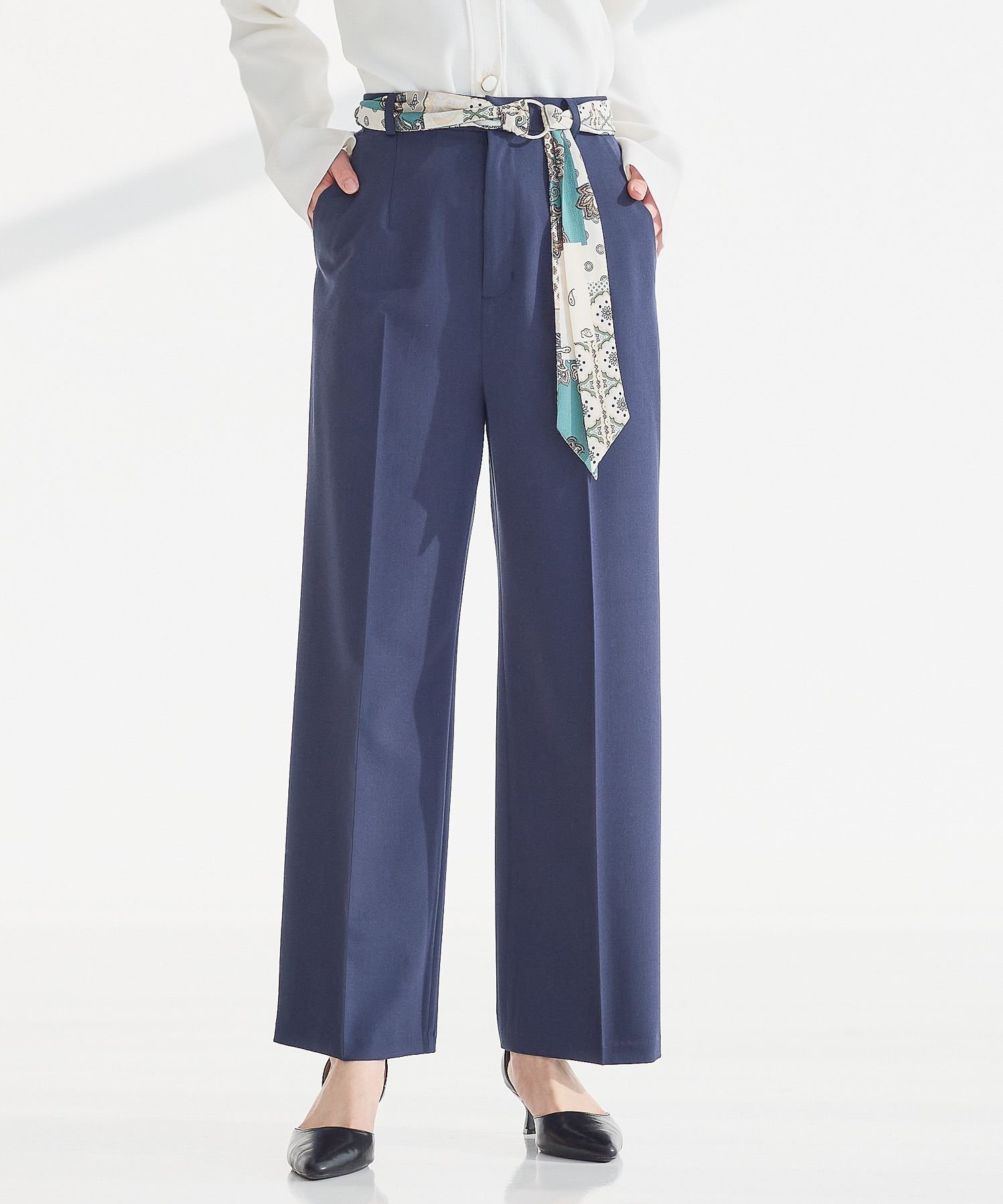 【アンデミュウ/Andemiu】のスカーフストレートパンツ インテリア・キッズ・メンズ・レディースファッション・服の通販 founy(ファニー) 　ファッション　Fashion　レディースファッション　Fashion for Women　パンツ　Pants & Trousers　シンプル　Simple, Minimal　スカーフ　Scarf, Neckwear　ストレート　Straight, Straight Cut　ワイド　Wide, Wide Fit　夏　Summer　春　Spring　S/S・春夏　SS, Spring/Summer, Warm Season　ネイビー|ID: prp329100004942860 ipo3291000000037099741