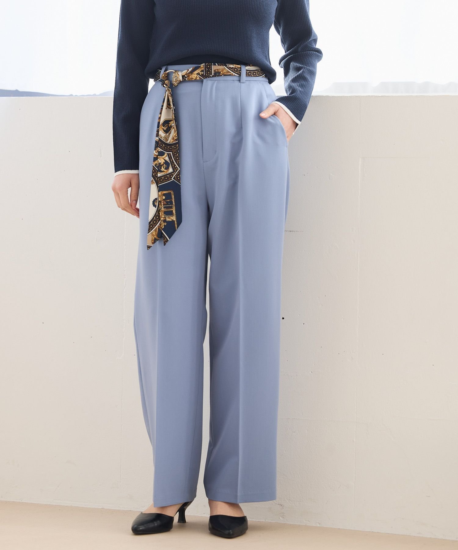 【アンデミュウ/Andemiu】のスカーフストレートパンツ インテリア・キッズ・メンズ・レディースファッション・服の通販 founy(ファニー) 　ファッション　Fashion　レディースファッション　Fashion for Women　パンツ　Pants & Trousers　シンプル　Simple, Minimal　スカーフ　Scarf, Neckwear　ストレート　Straight, Straight Cut　ワイド　Wide, Wide Fit　夏　Summer　春　Spring　S/S・春夏　SS, Spring/Summer, Warm Season　クスミブルー|ID: prp329100004942860 ipo3291000000037099743