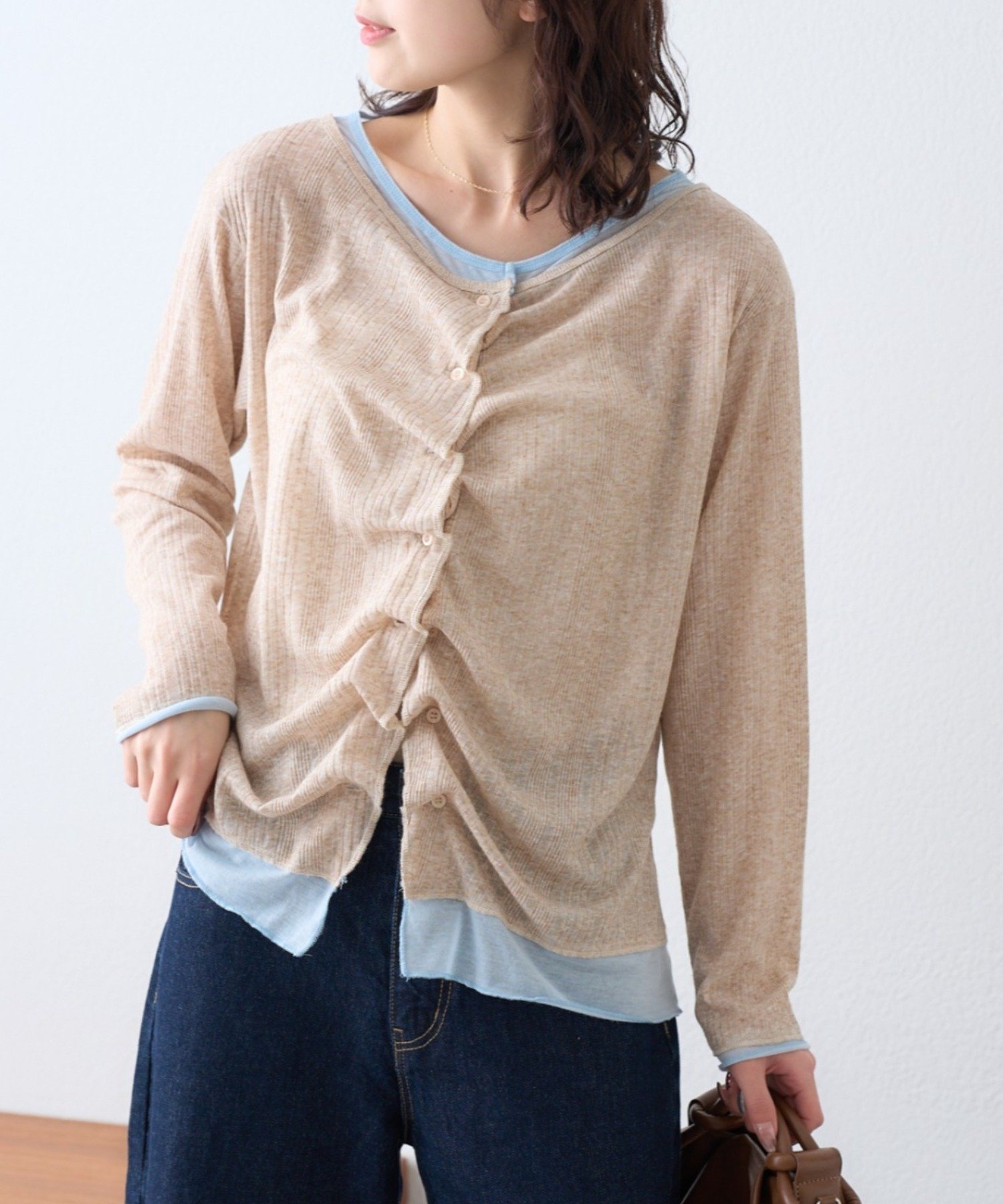 【チャオパニックティピー/CIAOPANIC TYPY】の【新色登場】フロントタックレイヤードライクメランジリブカーデ インテリア・キッズ・メンズ・レディースファッション・服の通販 founy(ファニー) 　ファッション　Fashion　レディースファッション　Fashion for Women　スラックス　Slacks, Dress Pants　スリット　Slit, Slit Detail　デニム　Denim, Jeans Material　バランス　Balance, Style Balance　フロント　Front, Front Design　ロング　Long, Long-Length　おすすめ　Recommended / Our Picks　ベージュ|ID: prp329100004943088 ipo3291000000037102862