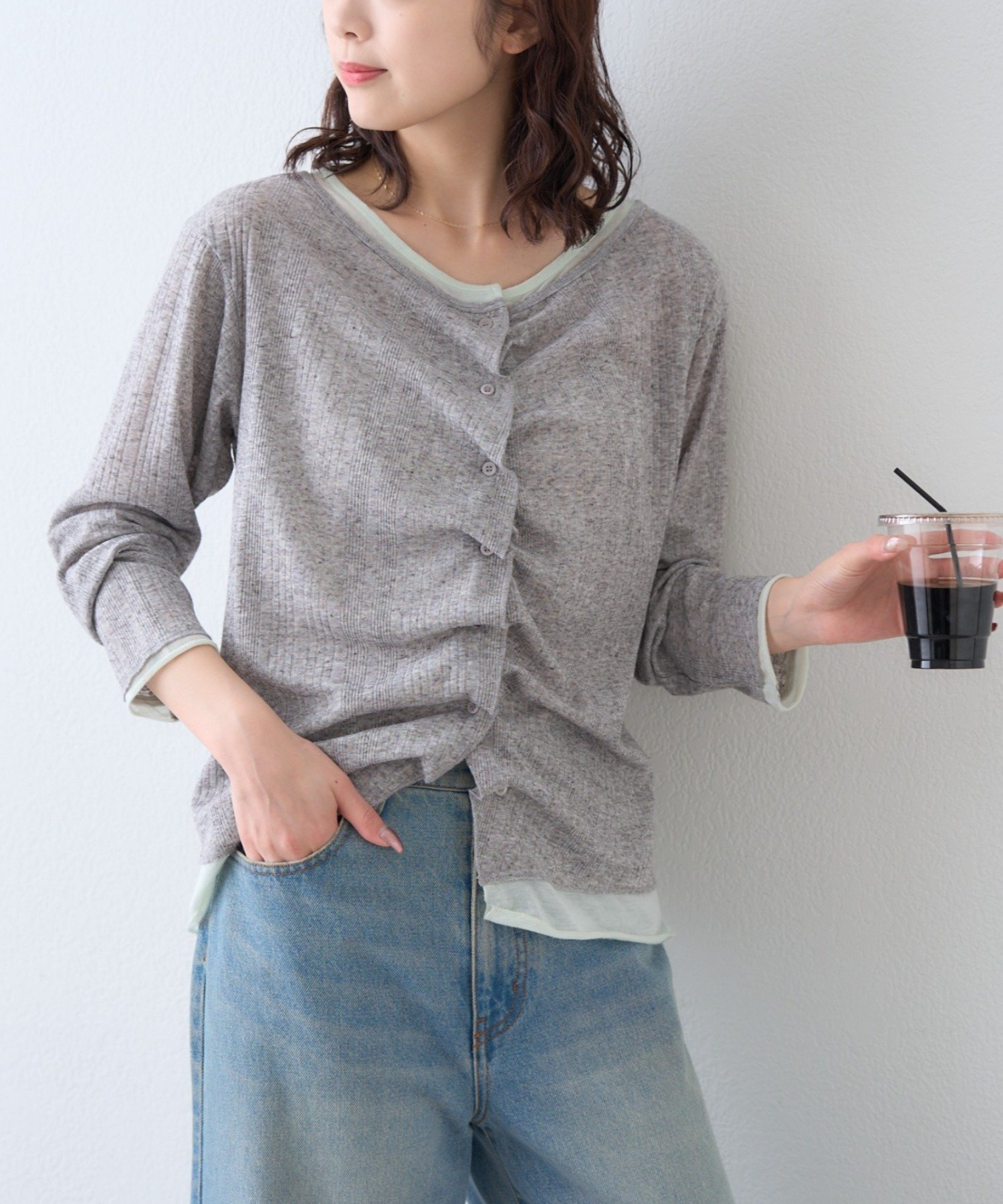 【チャオパニックティピー/CIAOPANIC TYPY】の【新色登場】フロントタックレイヤードライクメランジリブカーデ インテリア・キッズ・メンズ・レディースファッション・服の通販 founy(ファニー) 　ファッション　Fashion　レディースファッション　Fashion for Women　スラックス　Slacks, Dress Pants　スリット　Slit, Slit Detail　デニム　Denim, Jeans Material　バランス　Balance, Style Balance　フロント　Front, Front Design　ロング　Long, Long-Length　おすすめ　Recommended / Our Picks　グレー|ID: prp329100004943088 ipo3291000000037102864