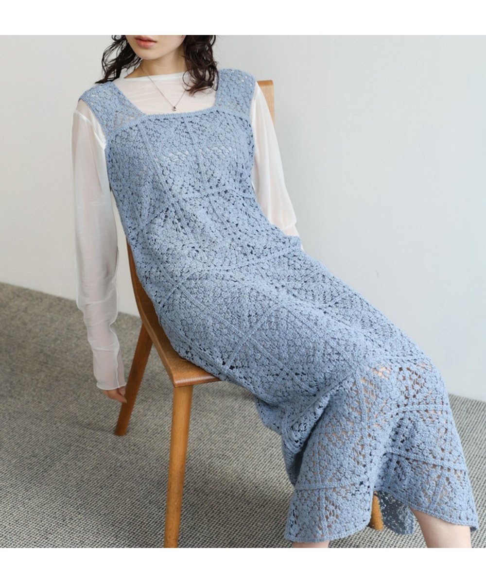 【バブ ブージュルード/Bab Bou Jeloud】の【選べるサイズ展開】クロシェロングワンピース インテリア・キッズ・メンズ・レディースファッション・服の通販 founy(ファニー) 　ファッション　Fashion　レディースファッション　Fashion for Women　ワンピース　Dresses　くるぶし　Ankle-Length　カーディガン　Cardigan, Knitwear　クロシェ　Crochet, Knitted Lace　ショルダー　Shoulder, Shoulder Strap　スクエア　Square, Square Shape　スニーカー　Sneakers, Trainers　スマート　Smart, Elegant　スリット　Slit, Slit Detail　バランス　Balance, Style Balance　フラワー　Flower, Floral　モチーフ　Motif, Design Theme　ロング　Long, Long-Length　再入荷　Restock / Back in Stock　BLUE|ID: prp329100004956933 ipo3291000000037194887