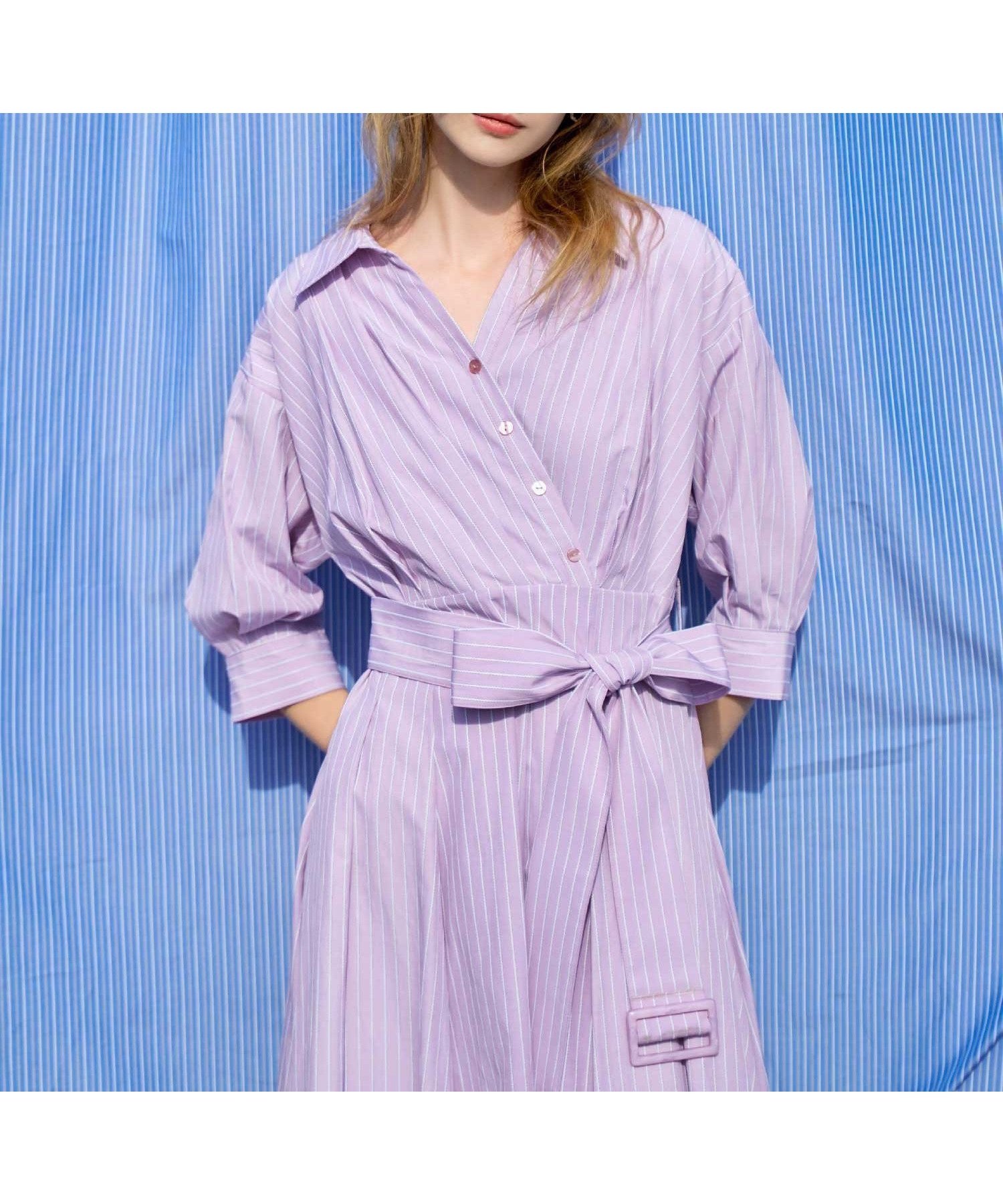 【ノエラ/Noela】のカシュクールウエストリボンワンピース インテリア・キッズ・メンズ・レディースファッション・服の通販 founy(ファニー) 　ファッション　Fashion　レディースファッション　Fashion for Women　ワンピース　Dresses　ストライプ　Stripe, Striped Pattern　フレア　Flare, Flared　ポケット　Pocket, Pocket Detail　春　Spring　無地　Plain, Solid Color　ピンク|ID: prp329100004957127 ipo3291000000037196242