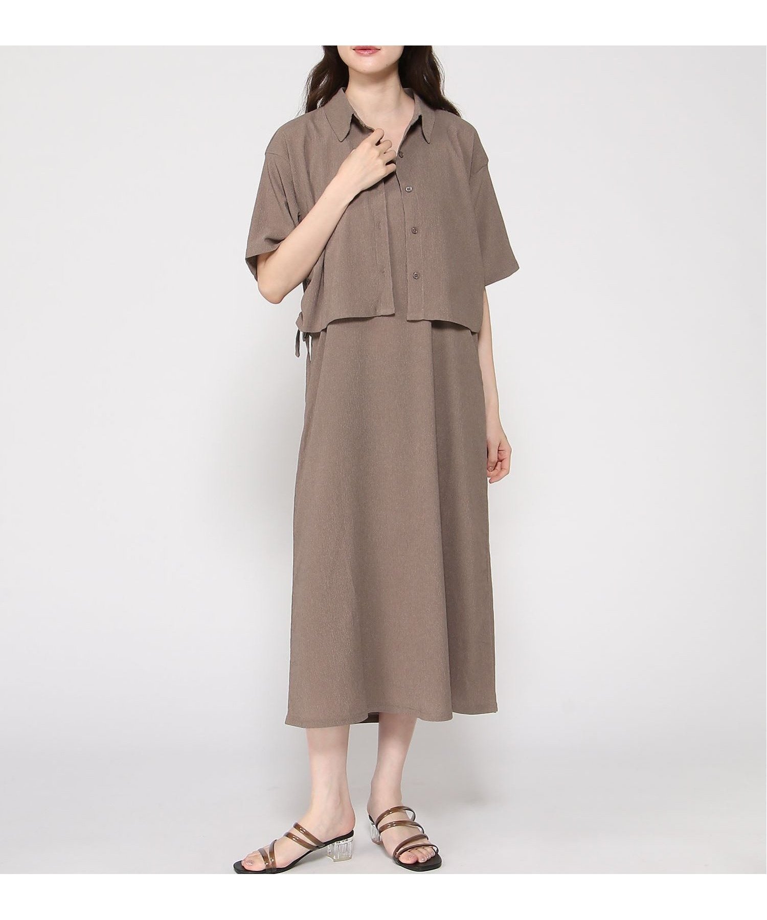 【インタープラネット/INTERPLANET】の楊柳シャツ+キャミワンピースSET インテリア・キッズ・メンズ・レディースファッション・服の通販 founy(ファニー) 　ファッション　Fashion　レディースファッション　Fashion for Women　ワンピース　Dresses　キャミソールワンピース　Camisole Dresses　キャミワンピース　Cami Dress, Slip Dress　ジャケット　Jacket, Outerwear　ベーシック　Basic, Essential　モカ|ID: prp329100004960334 ipo3291000000037217742