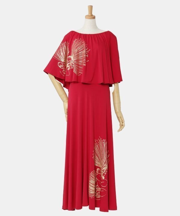 【アミナコレクション/Amina Collection】の【マウナロア】レフアケープ フレアーワンピース インテリア・キッズ・メンズ・レディースファッション・服の通販 founy(ファニー) 　ファッション　Fashion　レディースファッション　Fashion for Women　ワンピース　Dresses　ショルダー　Shoulder, Shoulder Strap　シルク　Silk, 100% Silk　ドレープ　Drape, Draping Fabric　フィット　Fit, Slim Fit　フリル　Frill, Ruffle　プリント　Print, Printed Pattern　レッド|ID: prp329100004960338 ipo3291000000037217769