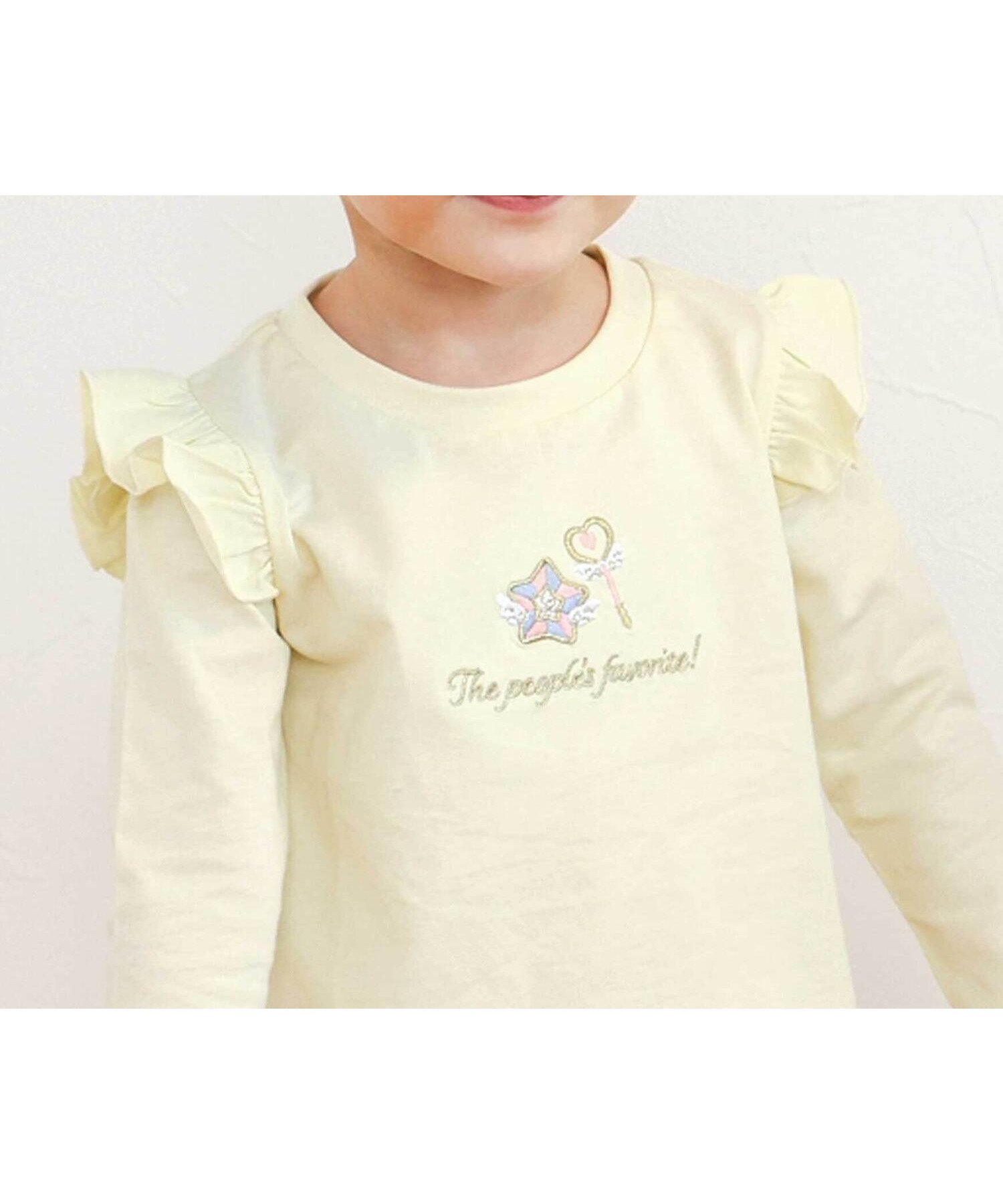 【ベベ オンライン ストア/BEBE ONLINE STORE / KIDS】の【スララク/防汚加工/オーガニックコットン】ときめき女の子長袖Tシャツ(80~130cm) インテリア・キッズ・メンズ・レディースファッション・服の通販 founy(ファニー) 　ファッション　Fashion　キッズファッション　Fashion for Kids　アンダー　Underwear Essentials　イエロー　Yellow　チェリー　Cherry, Cherry Pattern　人気　Popular, Best Seller　猫　Cat, Kitty　長袖　Long Sleeve, Full Sleeve　パープル　Purple, Violet　フリル　Frill, Ruffle　フレンチ　French, French Style　フロント　Front, Front Design　プリント　Print, Printed Pattern　ボーダー　Border, Stripe　モチーフ　Motif, Design Theme　A/W・秋冬　Autumn/Winter　犬　Dog　エレガント 上品　Elegant　2025年　2025　2025-2026秋冬・A/W　Autumn/Winter 2025–26 AW25–26　イエロー×魔法刺しゅう×肩フリル|ID: prp329100004960505 ipo3291000000037218792