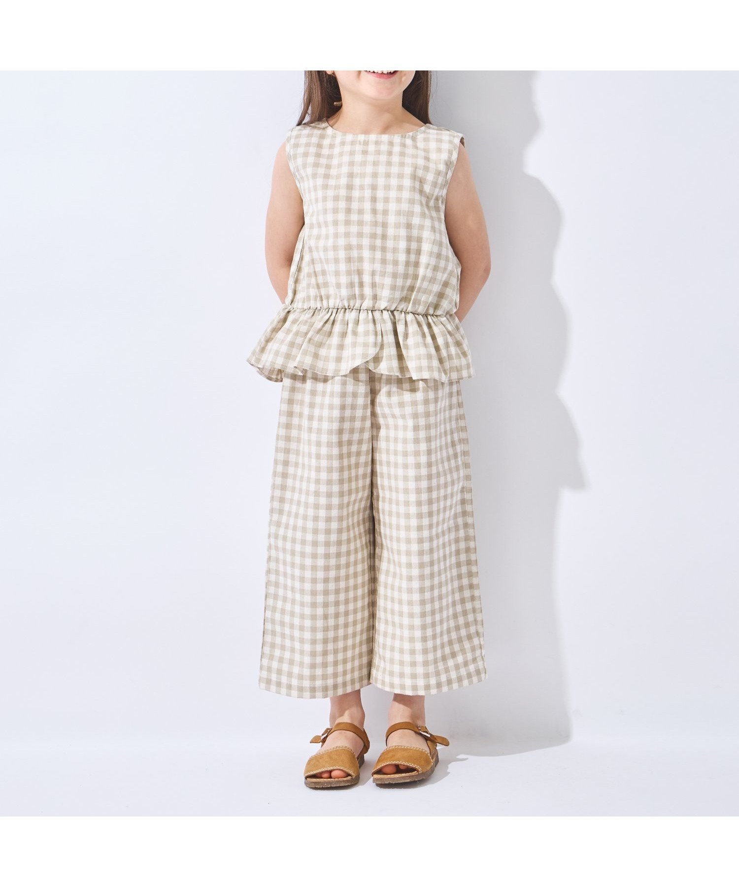 【その他のブランド/Other】のフリルつきセットアップ インテリア・キッズ・メンズ・レディースファッション・服の通販 founy(ファニー) 　ファッション　Fashion　キッズファッション　Fashion for Kids　ギンガム　Gingham, Gingham Fabric　ストライプ　Stripe, Striped Pattern　セットアップ　Set-Up, Coordinated Outfit　チェック　Check, Plaid, Tartan　トレンド　Trend, Trending Now　ドット　Polka Dot, Dot Pattern　フラワー　Flower, Floral　フリル　Frill, Ruffle　ミックス　Mix, Mixed Style　ラベンダー　Lavender　ワイド　Wide, Wide Fit　再入荷　Restock / Back in Stock　ギンガムベージュ|ID: prp329100004960595 ipo3291000000037219261