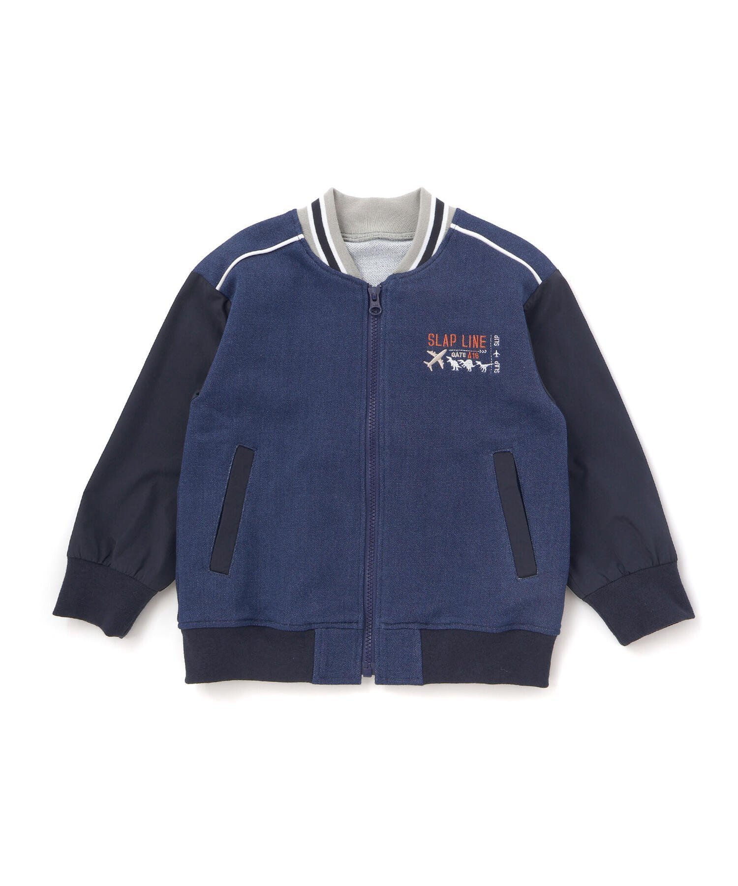 【ベベ オンライン ストア/BEBE ONLINE STORE / KIDS】の恐竜ロゴ刺しゅうデニム風ニットスタジャン(90~130cm) インテリア・キッズ・メンズ・レディースファッション・服の通販 founy(ファニー) 　ファッション　Fashion　キッズファッション　Fashion for Kids　インディゴ　Indigo Denim　春　Spring　コレクション　Collection, Seasonal Line　タフタ　Taffeta, Structured Fabric　デニム　Denim, Jeans Material　パッチ　Patch, Appliqué　フレンチ　French, French Style　フロント　Front, Front Design　ポケット　Pocket, Pocket Detail　モチーフ　Motif, Design Theme　S/S・春夏　SS, Spring/Summer, Warm Season　夏　Summer　エレガント 上品　Elegant　2026年　2026　2026春夏・S/S　Spring/Summer 2026 SS26　ネイビー|ID: prp329100004960770 ipo3291000000037220167