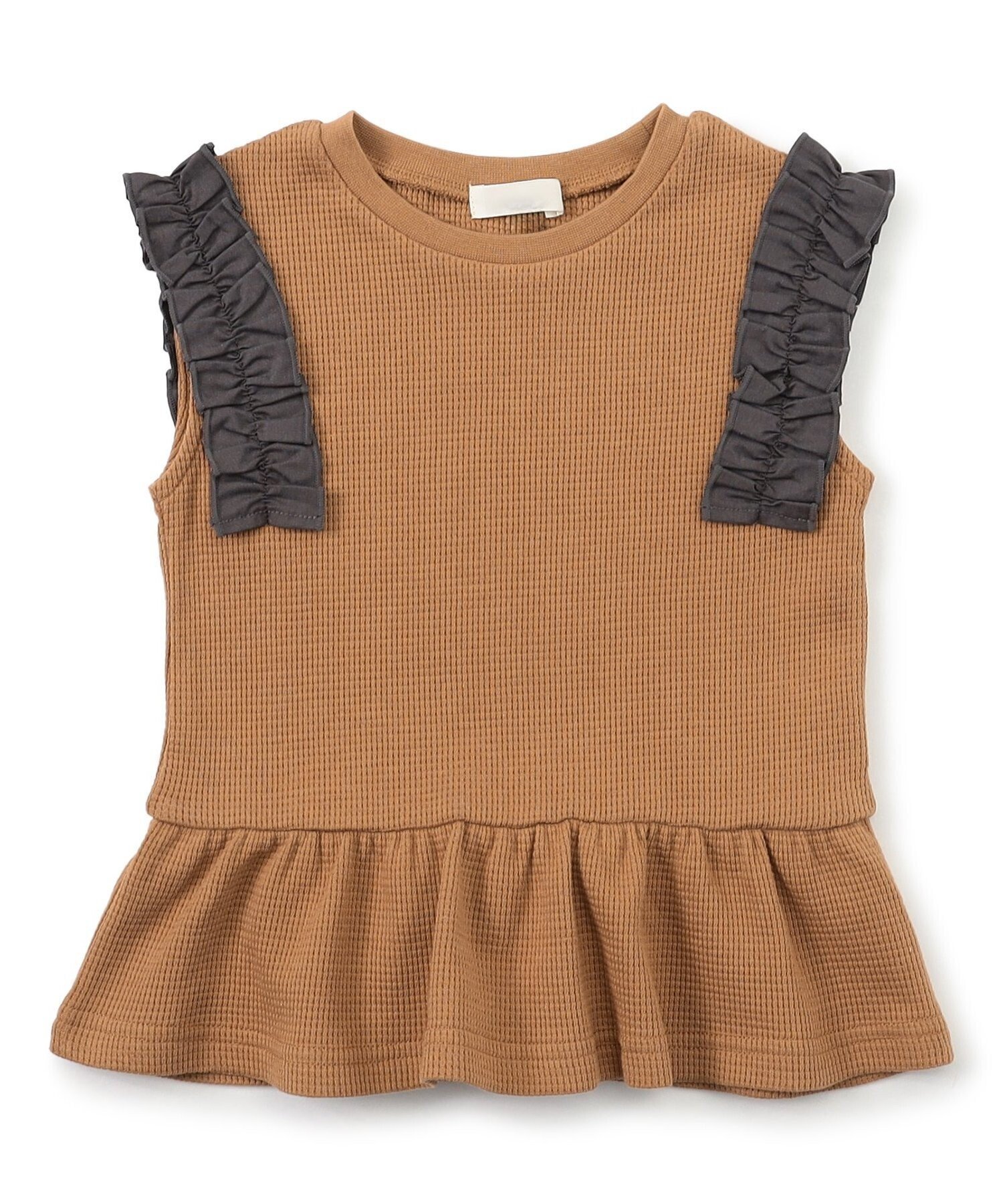 【エフオー オンラインストア/F.O.Online Store / KIDS】のWEB限定 袖フリルワッフルTシャツ インテリア・キッズ・メンズ・レディースファッション・服の通販 founy(ファニー) 　ファッション　Fashion　キッズファッション　Fashion for Kids　フリル　Frill, Ruffle　ワッフル　Waffle, Waffle Knit　半袖　Short Sleeve, Half Sleeve　ブラウン|ID: prp329100004960829 ipo3291000000037220453