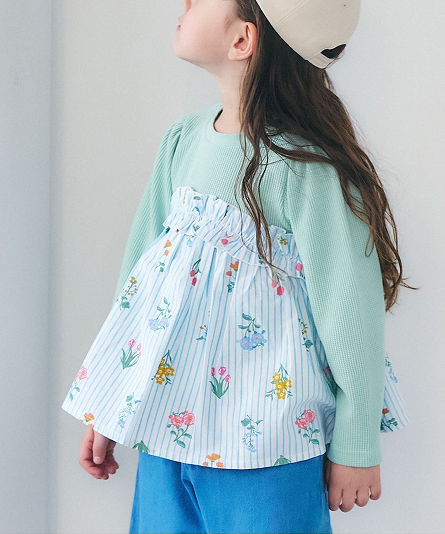 【エフオー オンラインストア/F.O.Online Store / KIDS】のワッフルフリルドッキングトップス インテリア・キッズ・メンズ・レディースファッション・服の通販 founy(ファニー) 　ファッション　Fashion　キッズファッション　Fashion for Kids　トップス・カットソー　Cut & Sew Tops　長袖　Long Sleeve, Full Sleeve　ストライプ柄|ID: prp329100004960905 ipo3291000000037220825