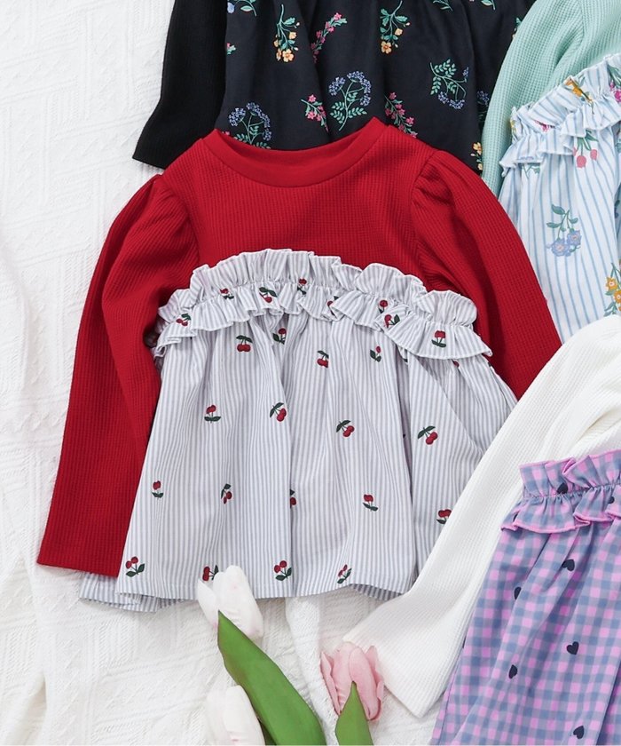 【エフオー オンラインストア/F.O.Online Store / KIDS】のワッフルフリルドッキングトップス インテリア・キッズ・メンズ・レディースファッション・服の通販 founy(ファウニー) https://founy.com/ ファッション Fashion キッズファッション Fashion for Kids トップス・カットソー Cut & Sew Tops 長袖 Long Sleeve, Full Sleeve |ID: prp329100004960905 ipo3291000000037334017