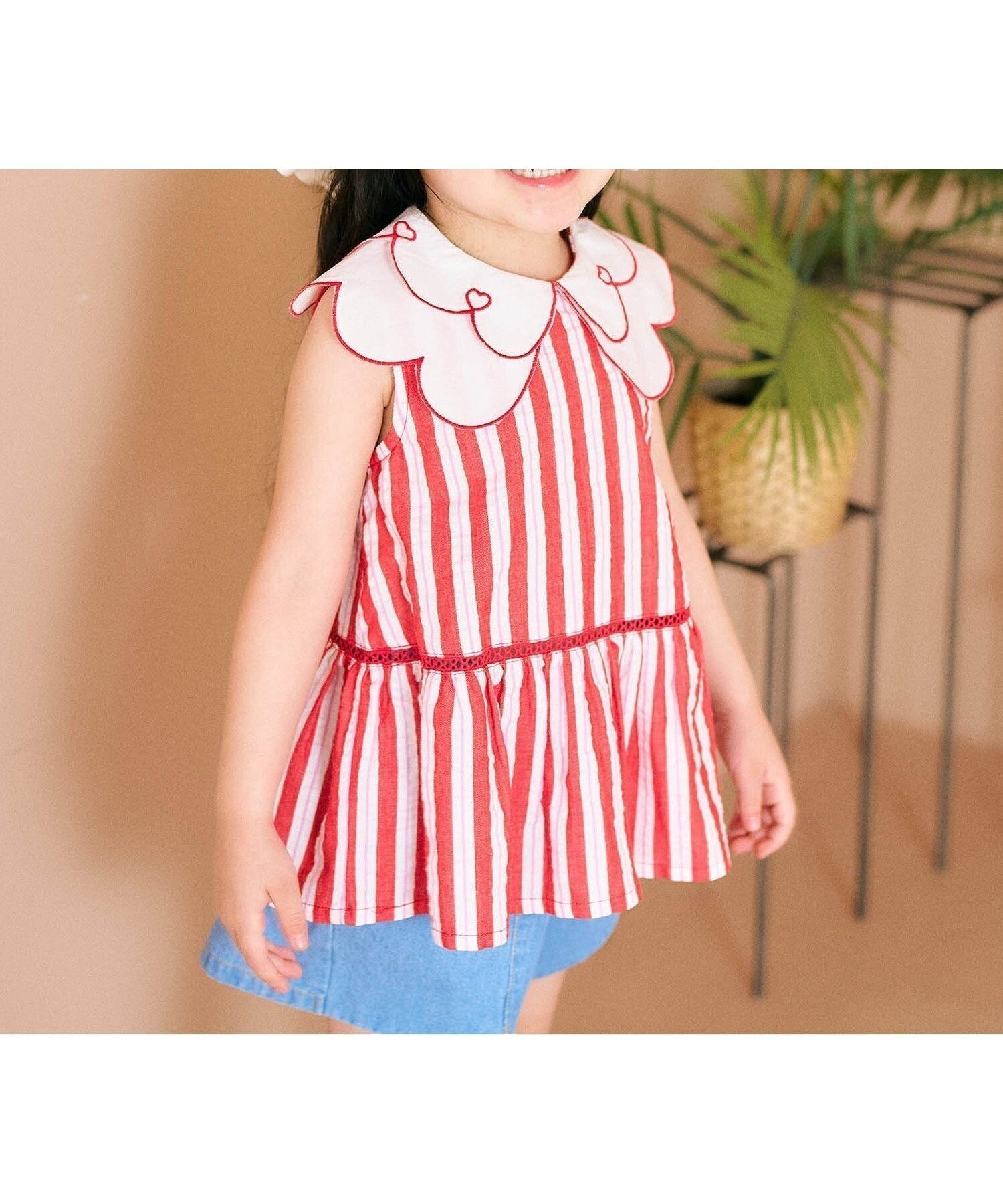 【エフオー オンラインストア/F.O.Online Store / KIDS】のカラーストライプ・ギンガムスカラップハート衿チュニック インテリア・キッズ・メンズ・レディースファッション・服の通販 founy(ファニー) 　ファッション　Fashion　キッズファッション　Fashion for Kids　チュニック　Tunic, Long Top　ストライプ柄|ID: prp329100004960962 ipo3291000000037221103