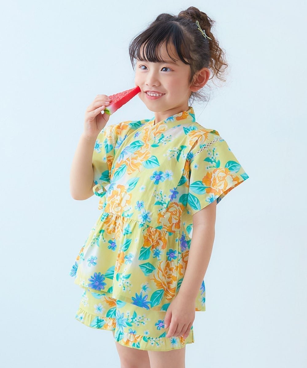 【デビロック/devirock / KIDS】のえらべるデザイン ペプラム ガールズ甚平 子供服 キッズ ベビー服 女の子 26SS インテリア・キッズ・メンズ・レディースファッション・服の通販 founy(ファニー) 　ファッション　Fashion　キッズファッション　Fashion for Kids　セパレート　Separate, Two-Piece　フリル　Frill, Ruffle　ブロード　Broadcloth, Fine Cotton　プリント　Print, Printed Pattern　ペプラム　Peplum, Flared Hem　リボン　Ribbon, Bow　2026年　2026　2026春夏・S/S　Spring/Summer 2026 SS26　010-ブーケ-イエロー|ID: prp329100004961124 ipo3291000000037221950