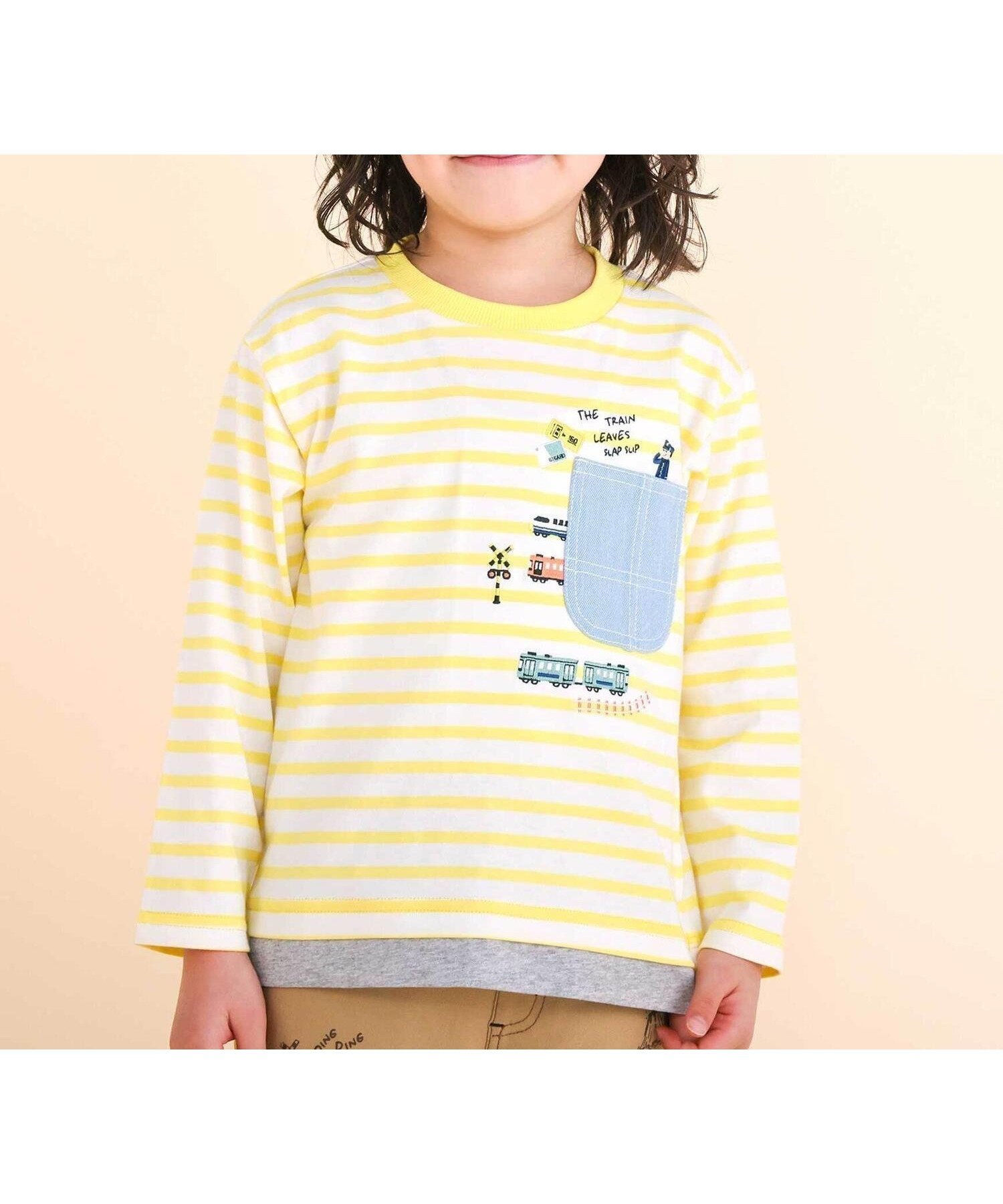 【ベベ オンライン ストア/BEBE ONLINE STORE / KIDS】のレイヤード風デニムポケット天竺長袖Tシャツ(80~130cm) インテリア・キッズ・メンズ・レディースファッション・服の通販 founy(ファニー) 　ファッション　Fashion　キッズファッション　Fashion for Kids　イエロー　Yellow　春　Spring　コレクション　Collection, Seasonal Line　ストライプ　Stripe, Striped Pattern　テレコ　Ribbed, Rib Stitch　デニム　Denim, Jeans Material　長袖　Long Sleeve, Full Sleeve　フレンチ　French, French Style　ボーダー　Border, Stripe　ポケット　Pocket, Pocket Detail　モチーフ　Motif, Design Theme　無地　Plain, Solid Color　S/S・春夏　SS, Spring/Summer, Warm Season　夏　Summer　エレガント 上品　Elegant　2026年　2026　2026春夏・S/S　Spring/Summer 2026 SS26　イエロー系|ID: prp329100004961611 ipo3291000000037224348
