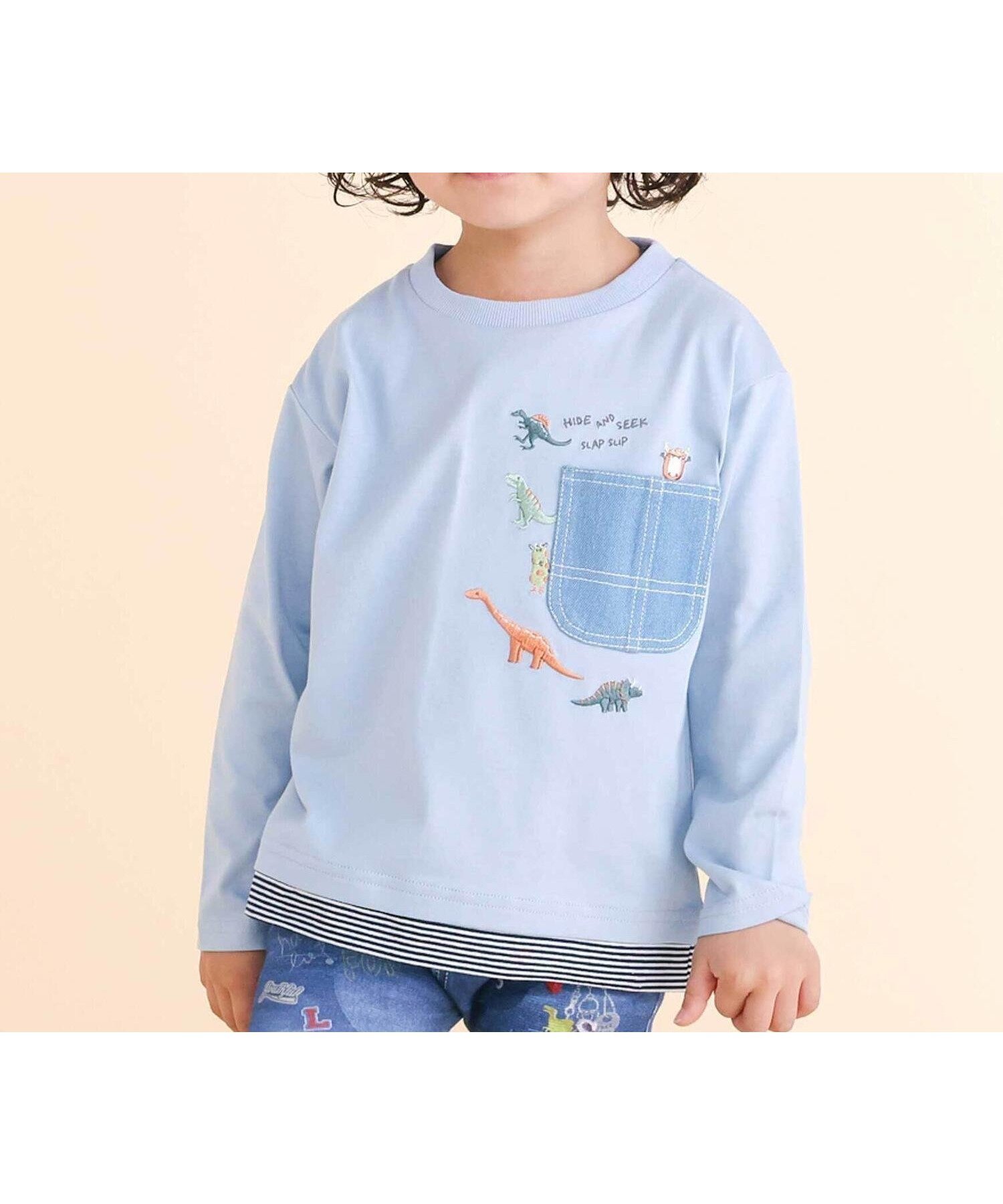【ベベ オンライン ストア/BEBE ONLINE STORE / KIDS】のレイヤード風デニムポケット天竺長袖Tシャツ(80~130cm) インテリア・キッズ・メンズ・レディースファッション・服の通販 founy(ファニー) 　ファッション　Fashion　キッズファッション　Fashion for Kids　イエロー　Yellow　春　Spring　コレクション　Collection, Seasonal Line　ストライプ　Stripe, Striped Pattern　テレコ　Ribbed, Rib Stitch　デニム　Denim, Jeans Material　長袖　Long Sleeve, Full Sleeve　フレンチ　French, French Style　ボーダー　Border, Stripe　ポケット　Pocket, Pocket Detail　モチーフ　Motif, Design Theme　無地　Plain, Solid Color　S/S・春夏　SS, Spring/Summer, Warm Season　夏　Summer　エレガント 上品　Elegant　2026年　2026　2026春夏・S/S　Spring/Summer 2026 SS26　ブルー|ID: prp329100004961611 ipo3291000000037224350