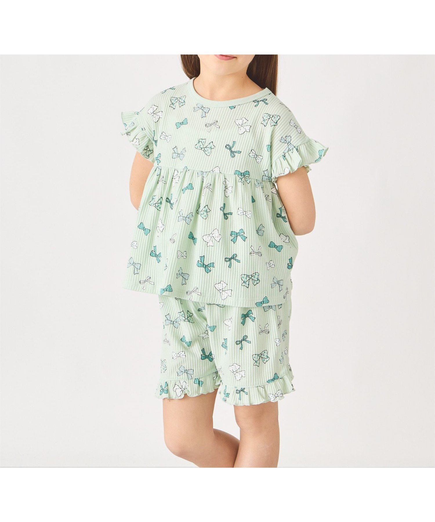 【その他のブランド/Other】のワッフル パジャマ ルームウェア 半袖 上下セット 春夏 女の子 子供 子供服 インテリア・キッズ・メンズ・レディースファッション・服の通販 founy(ファニー) 　ファッション　Fashion　キッズファッション　Fashion for Kids　春　Spring　トレンド　Trend, Trending Now　パジャマ　Pajamas, Sleepwear　フリル　Frill, Ruffle　ボトム　Bottoms, Lower Wear　半袖　Short Sleeve, Half Sleeve　ラベンダー　Lavender　リボン　Ribbon, Bow　リラックス　Relax, Relaxed Fit　ワッフル　Waffle, Waffle Knit　S/S・春夏　SS, Spring/Summer, Warm Season　再入荷　Restock / Back in Stock　おすすめ　Recommended / Our Picks　お家時間・ステイホーム　Stay Home / At Home　夏　Summer　ミントリボン|ID: prp329100004961723 ipo3291000000037224959