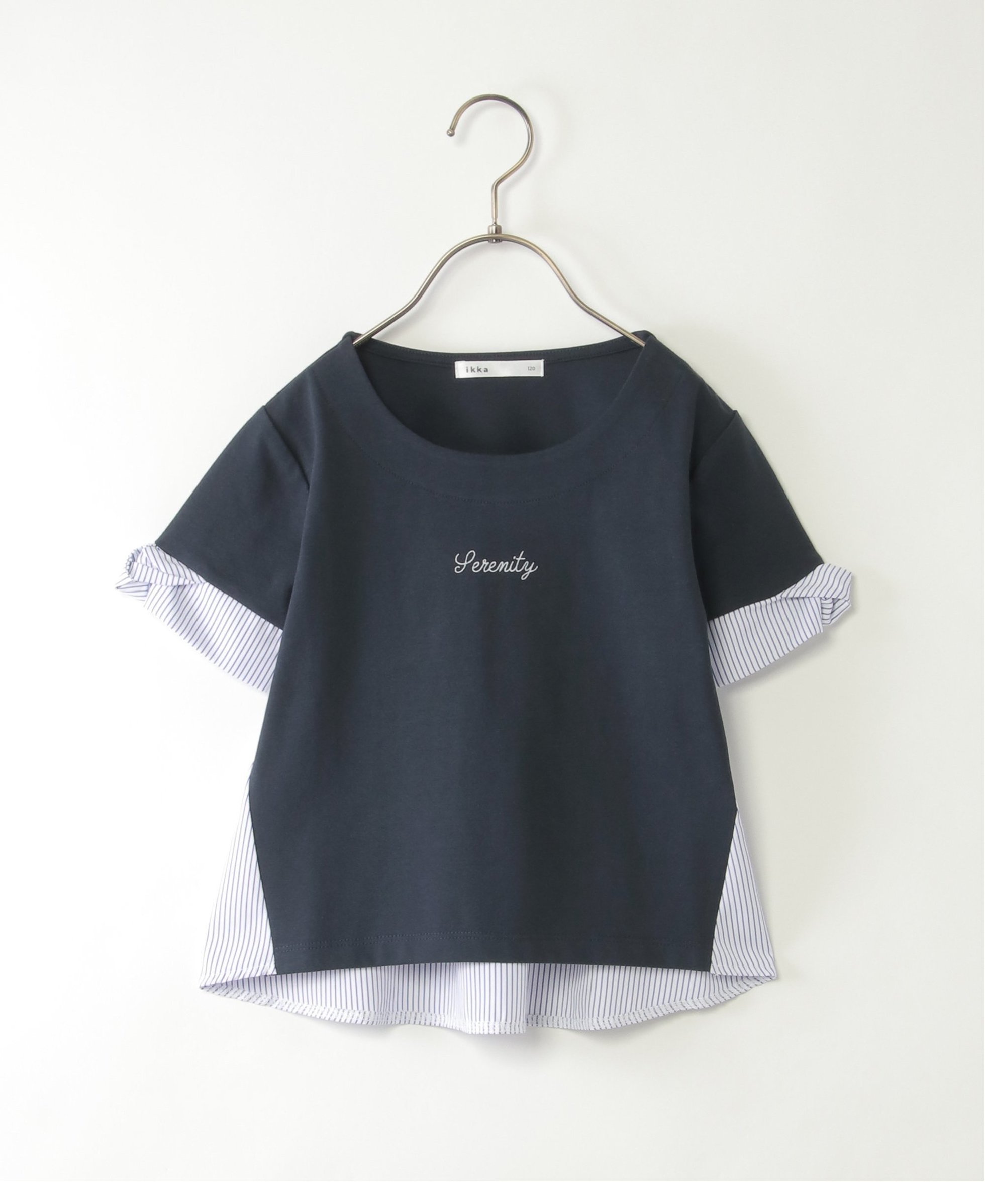 【イッカ/ikka / KIDS】の【親子コーデ】袖ツイスト切り替えロゴプルオーバー(120~160cm) インテリア・キッズ・メンズ・レディースファッション・服の通販 founy(ファニー) 　ファッション　Fashion　キッズファッション　Fashion for Kids　トップス・カットソー　Cut & Sew Tops　おすすめ　Recommended / Our Picks　カットソー　Cut and Sewn Top　コンビ　Combo, Combination Style　ストライプ　Stripe, Striped Pattern　ツイスト　Tweed, Tweed Fabric　ワンポイント　One Point, Statement Accent　ネイビーブルー|ID: prp329100004961841 ipo3291000000037225592