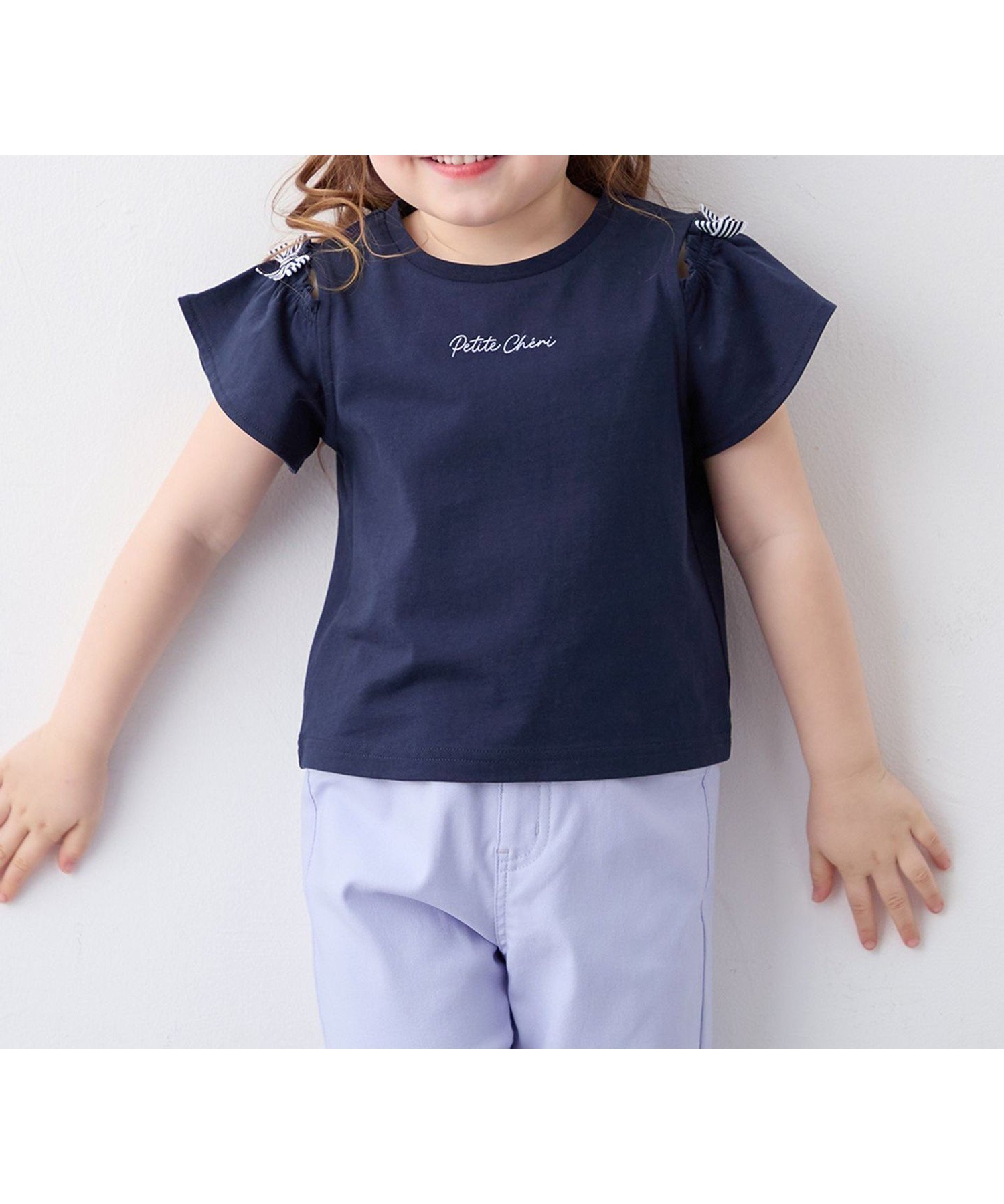 【エニー/ANY / KIDS】の【綿100%】オンオフショルダー Tシャツ インテリア・キッズ・メンズ・レディースファッション・服の通販 founy(ファニー) 　ファッション　Fashion　キッズファッション　Fashion for Kids　おすすめ　Recommended / Our Picks　プリント　Print, Printed Pattern　ポケット　Pocket, Pocket Detail　リボン　Ribbon, Bow　夏　Summer　ネイビー[075]|ID: prp329100004961935 ipo3291000000037226183